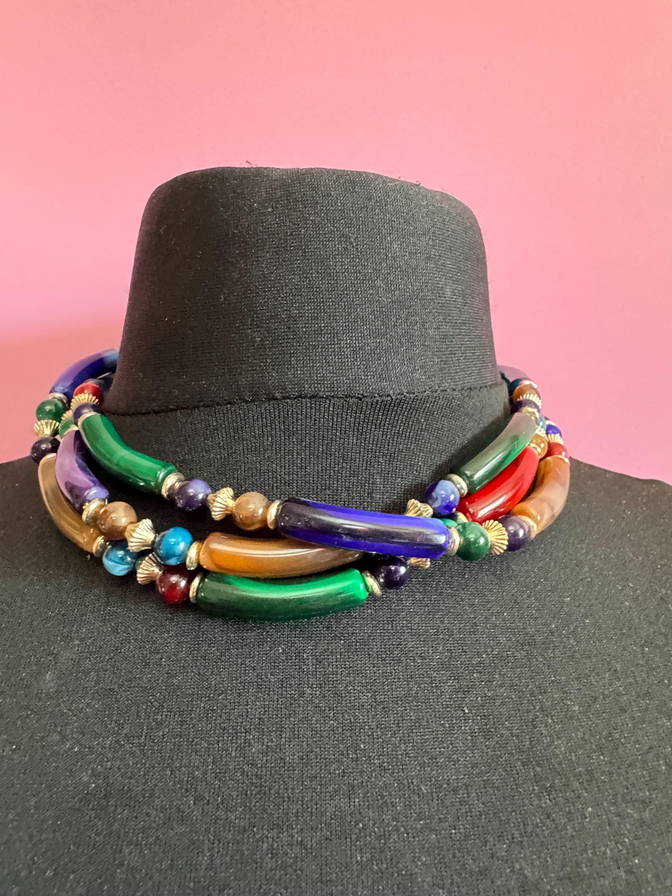 Vintage stunning green purple brown and red plastic tubular beaded lucite Multistrand wrap collar necklace 45cm