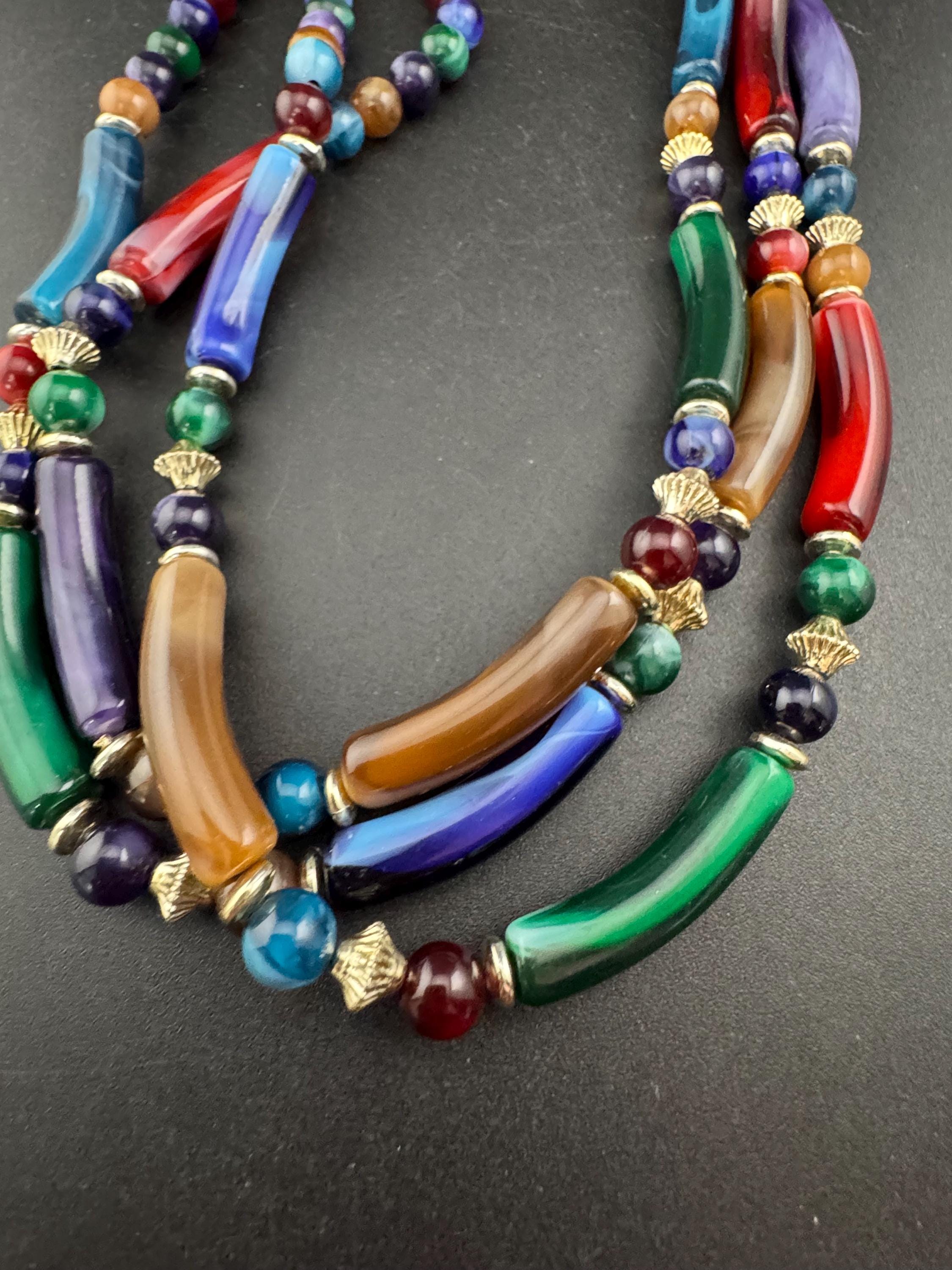 Vintage stunning green purple brown and red plastic tubular beaded lucite Multistrand wrap collar necklace 45cm