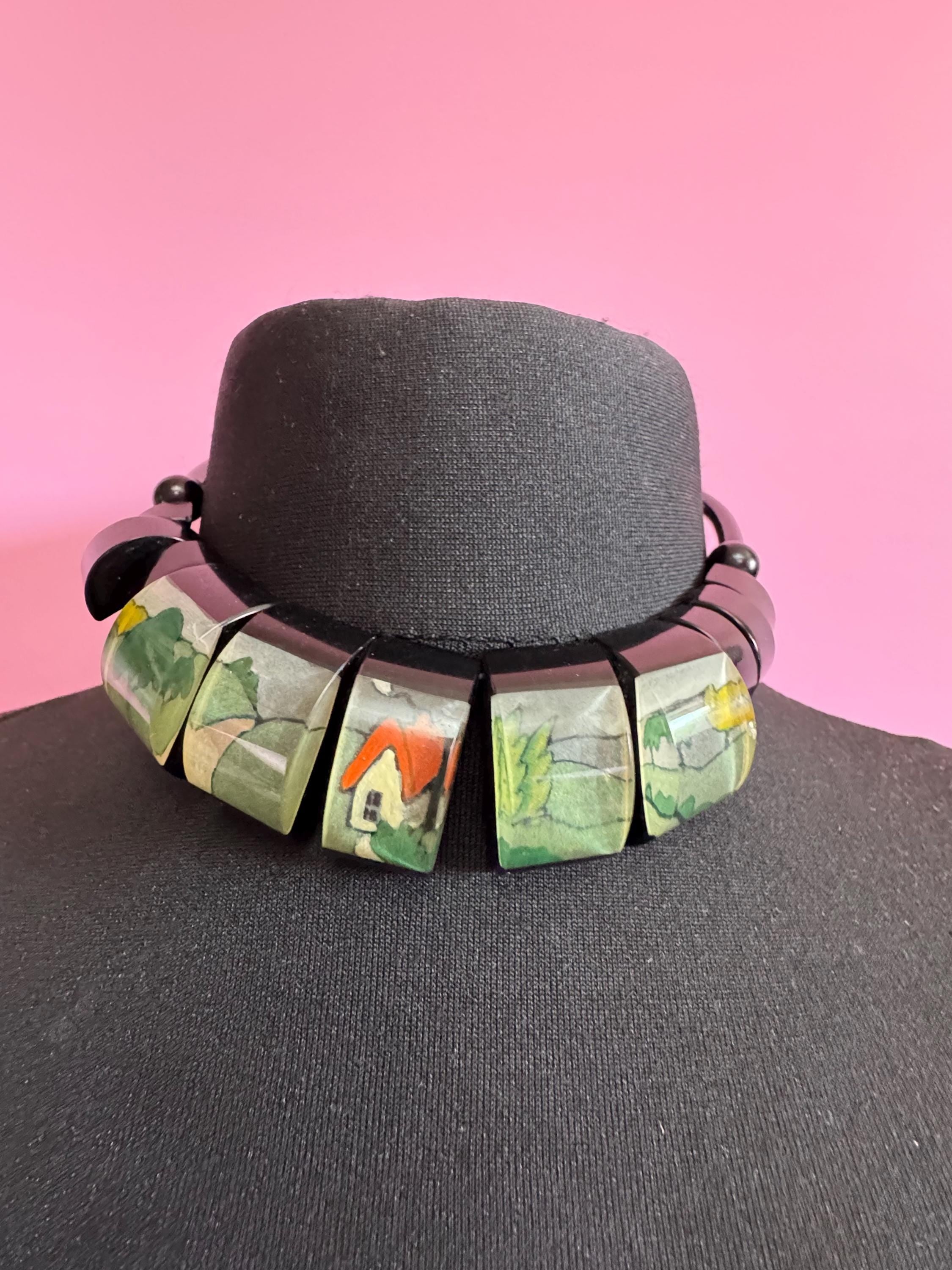 Vintage early plastic beaded black scenic cottage countryside panel necklace, Clarice cliff meets Lee sands