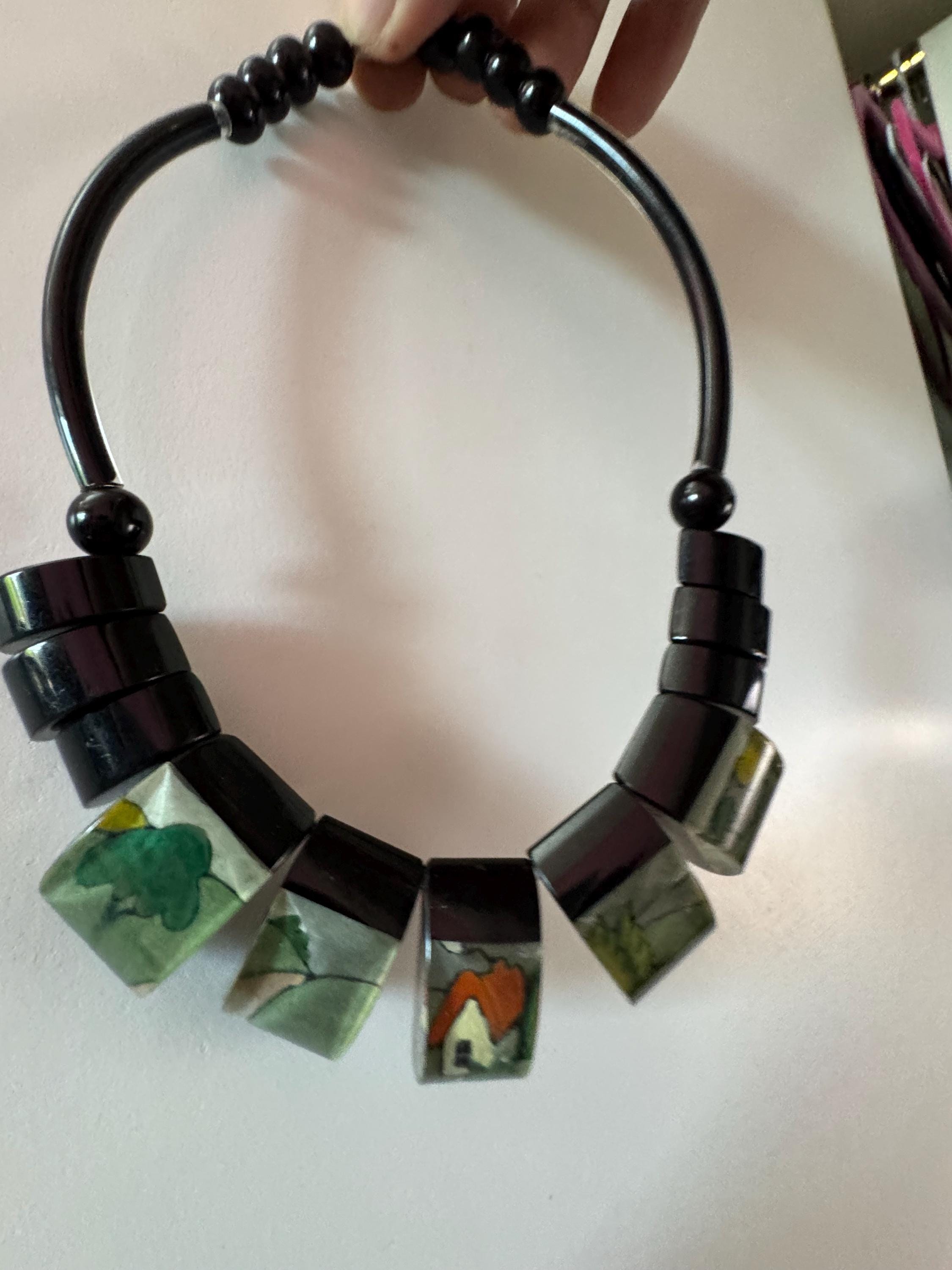 Vintage early plastic beaded black scenic cottage countryside panel necklace, Clarice cliff meets Lee sands