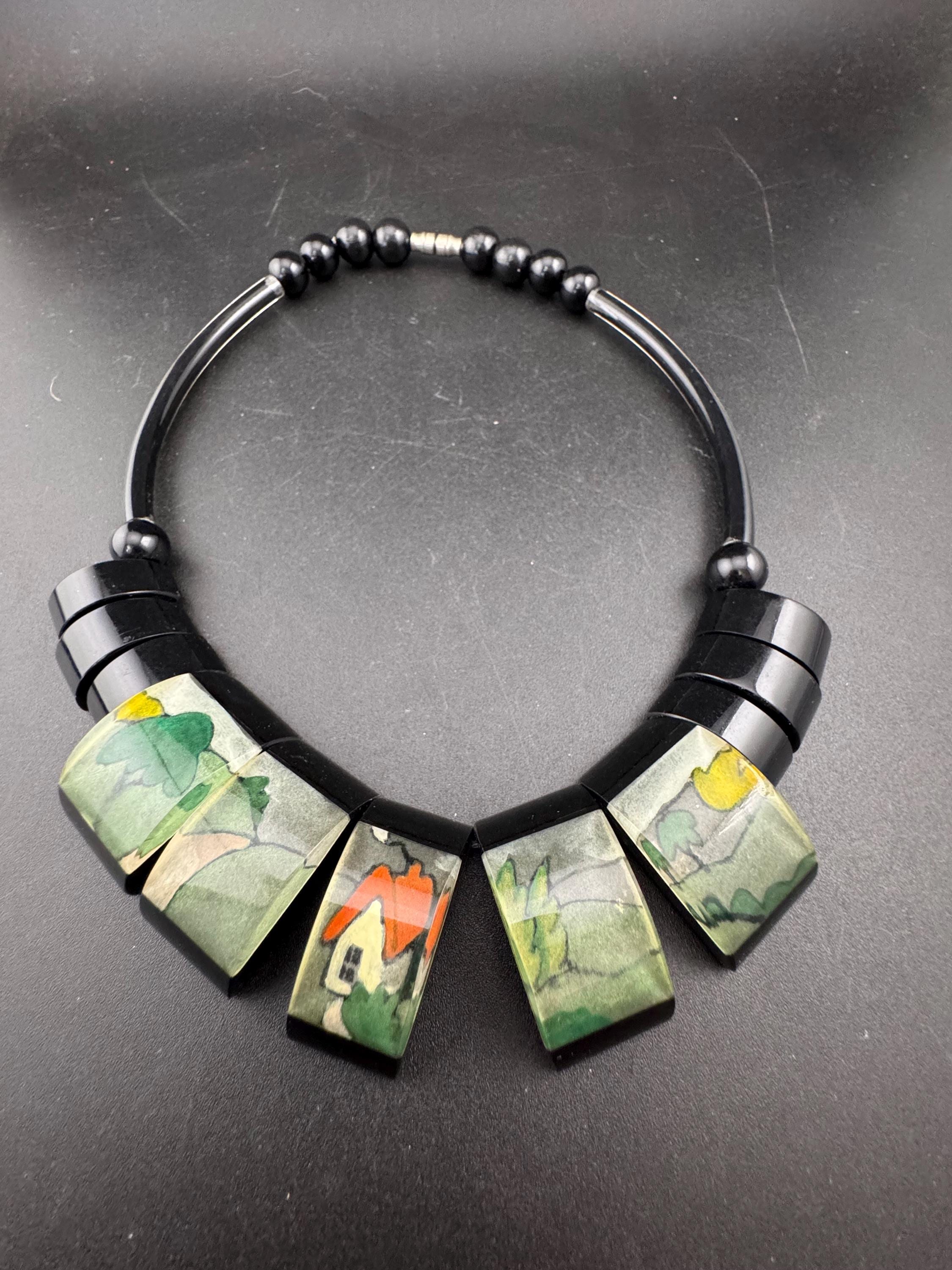 Vintage early plastic beaded black scenic cottage countryside panel necklace, Clarice cliff meets Lee sands