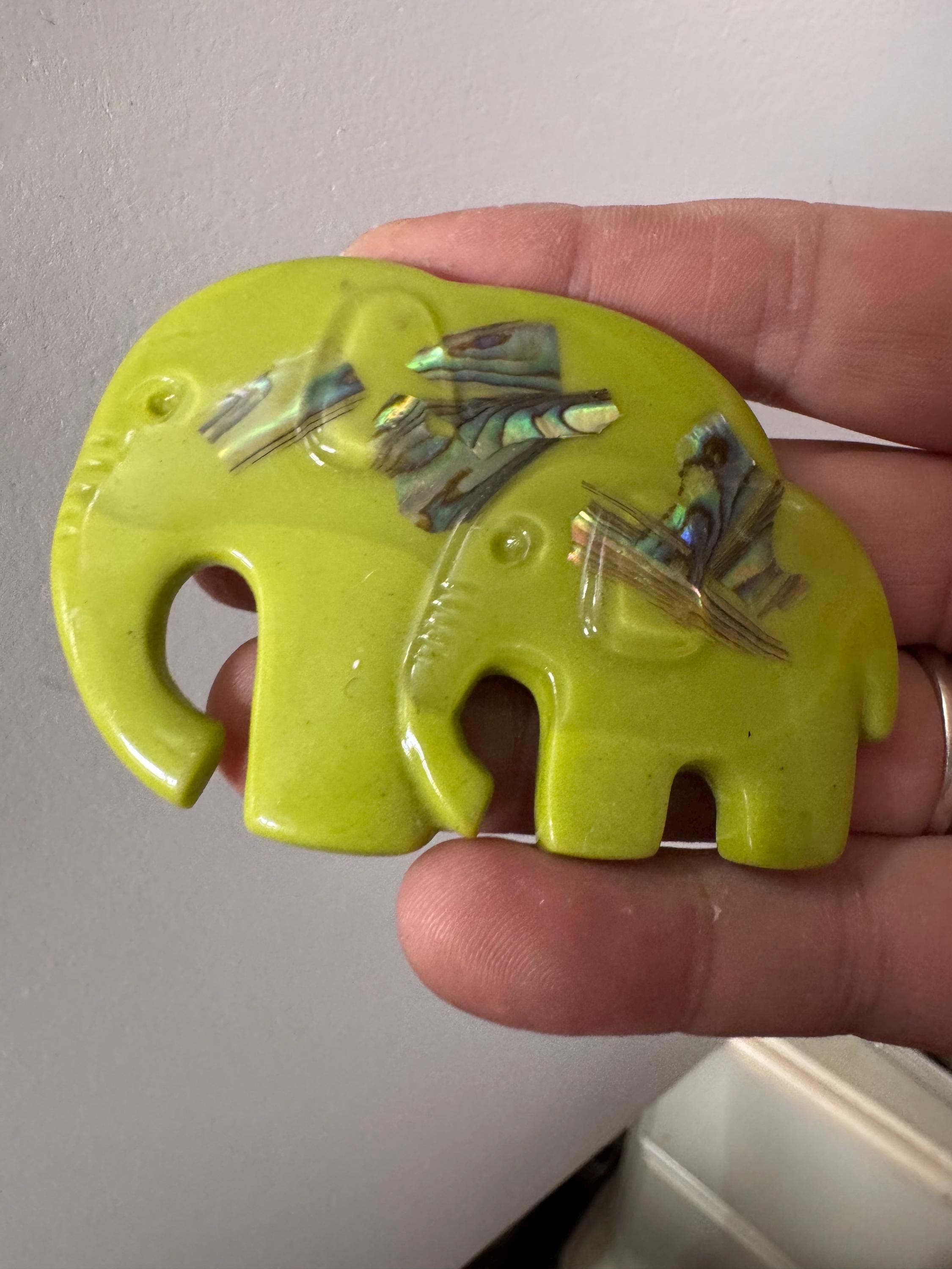 big lime green elephant and baby brooch inset with abalone shell, early plastic 1960s