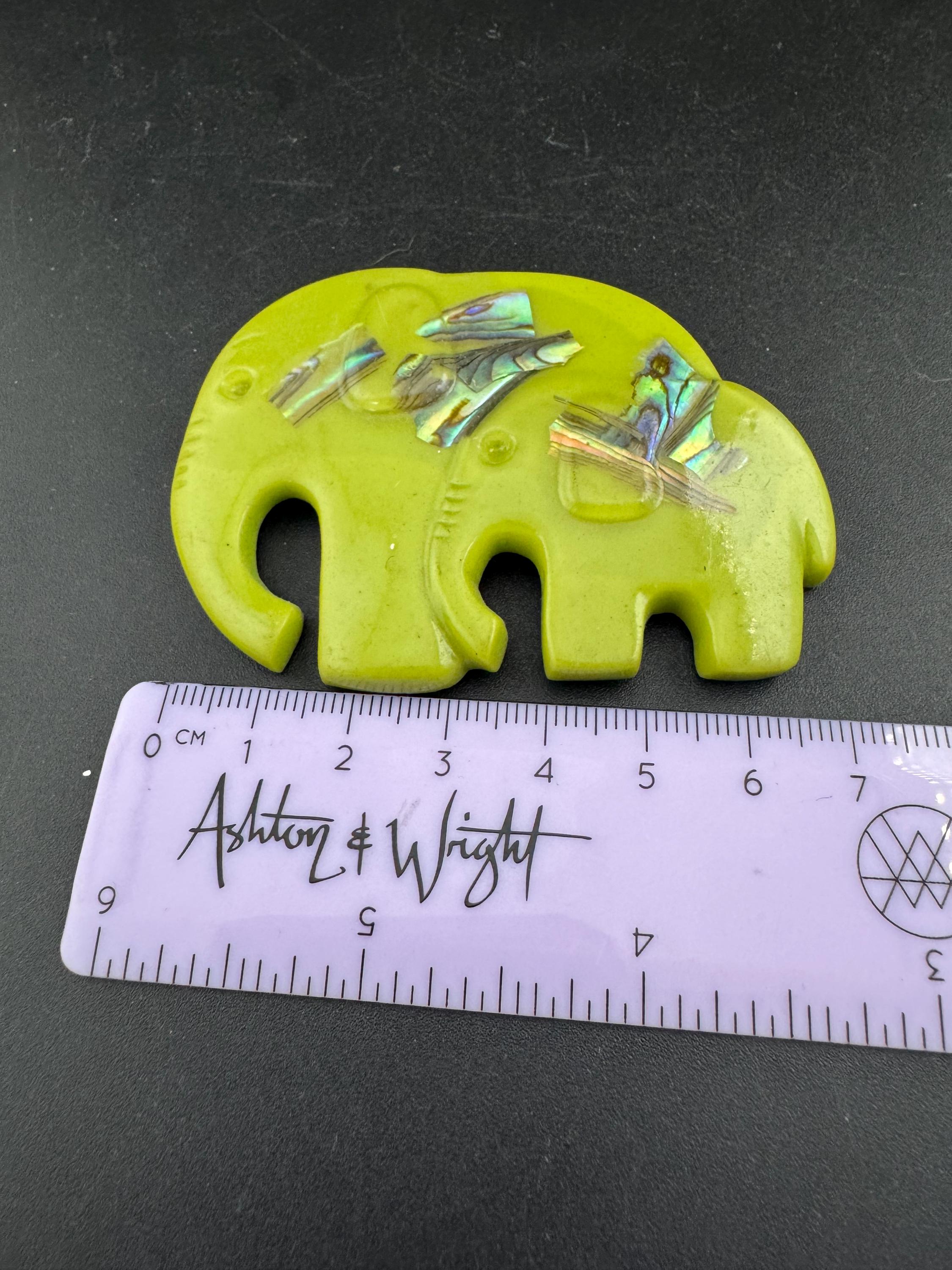 big lime green elephant and baby brooch inset with abalone shell, early plastic 1960s