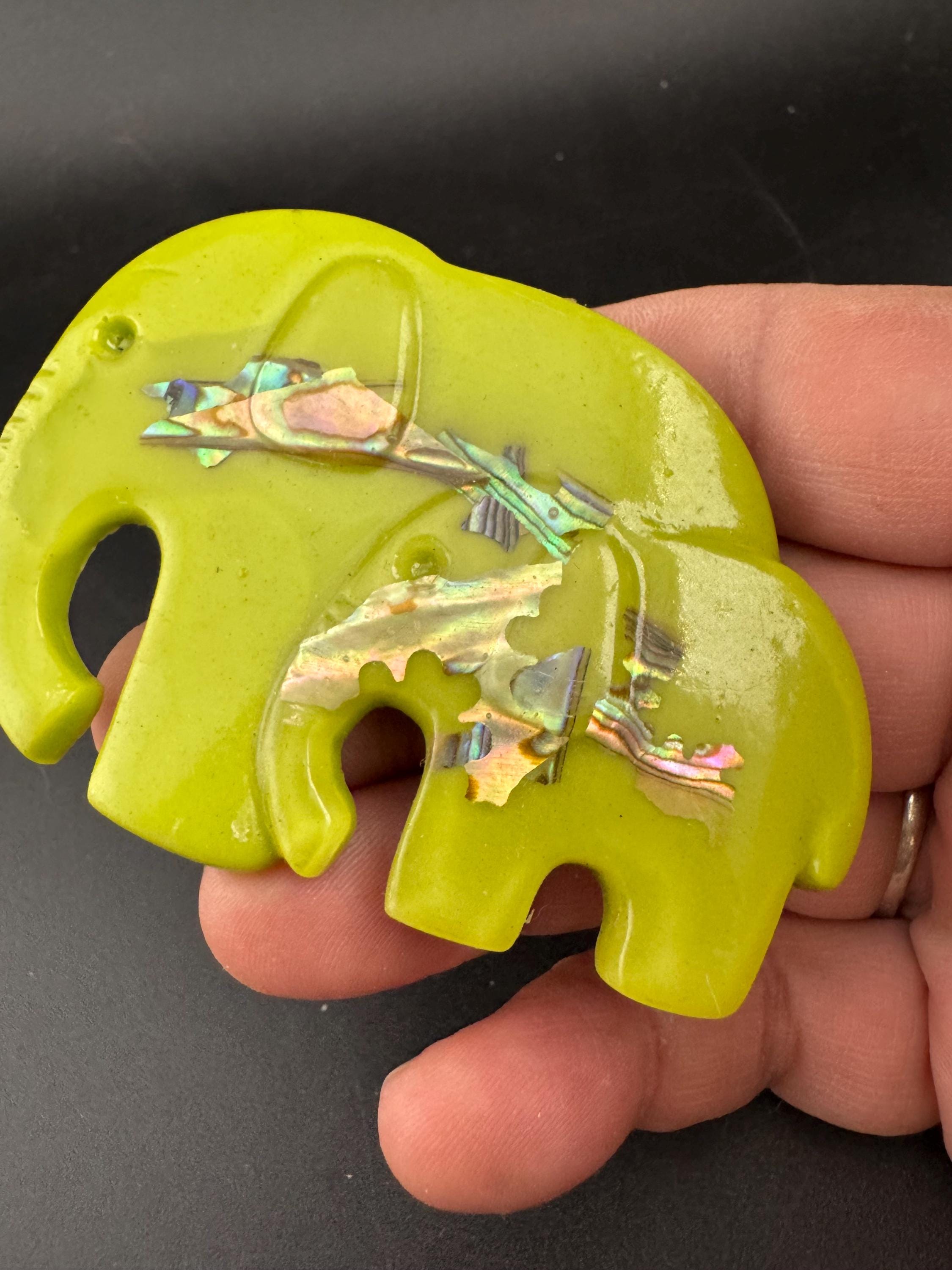 big lime green elephant and baby brooch inset with abalone shell, early plastic 1960s