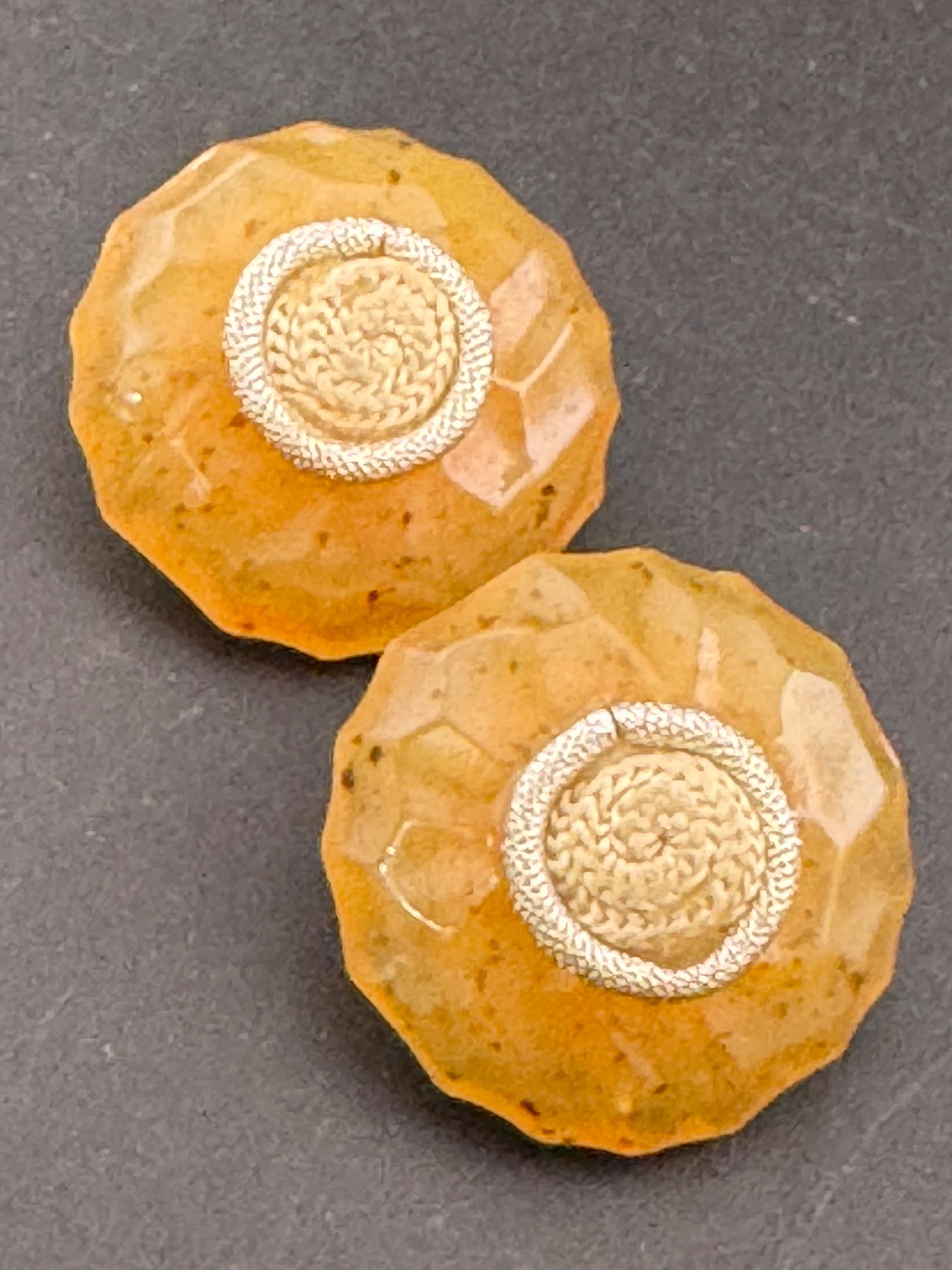 Signed Margherita Buonanno Italian Oversized 3.5cm vintage dark yellow Big domed plastic Clip On Earrings with silver tone thread