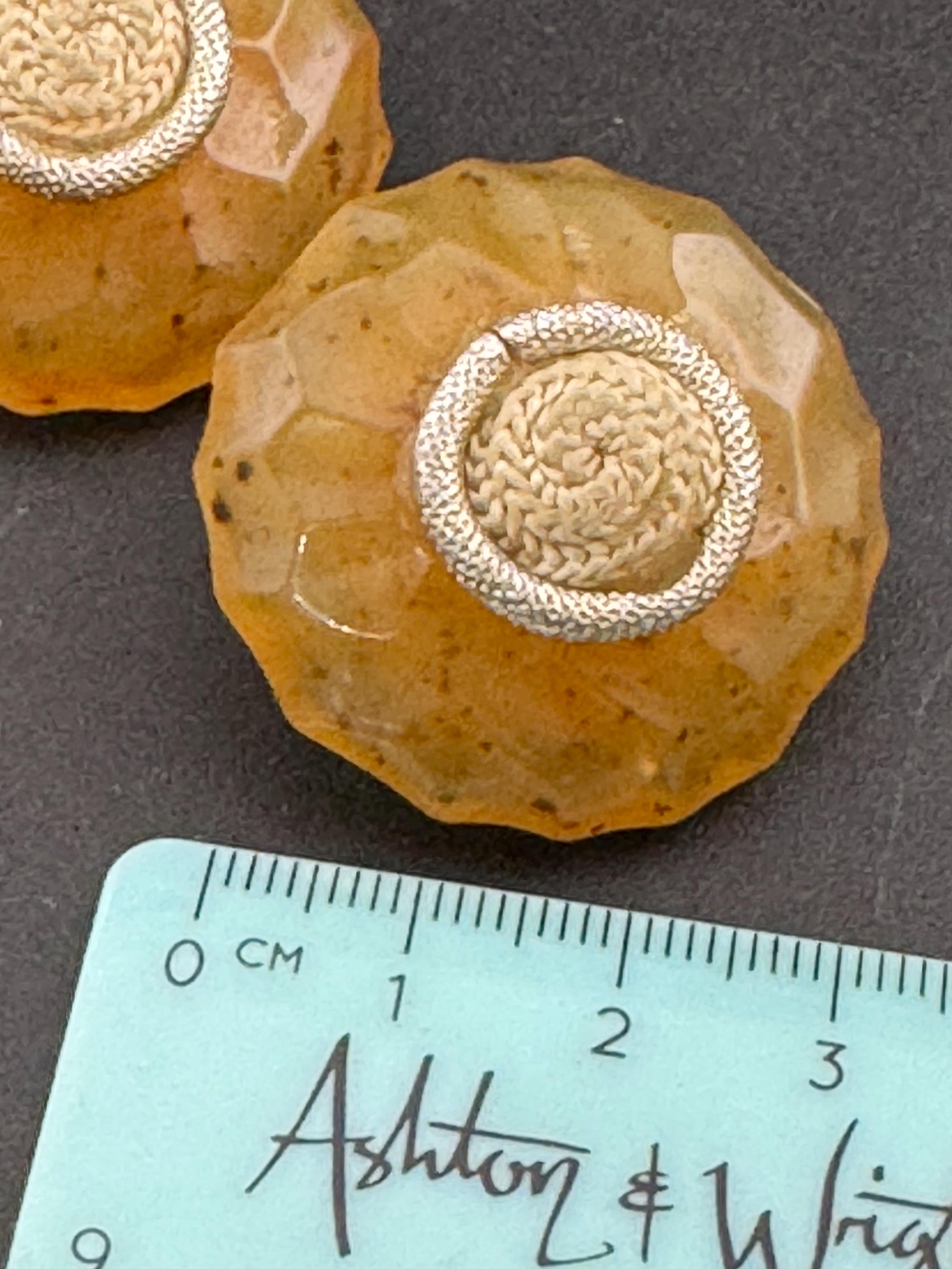 Signed Margherita Buonanno Italian Oversized 3.5cm vintage dark yellow Big domed plastic Clip On Earrings with silver tone thread