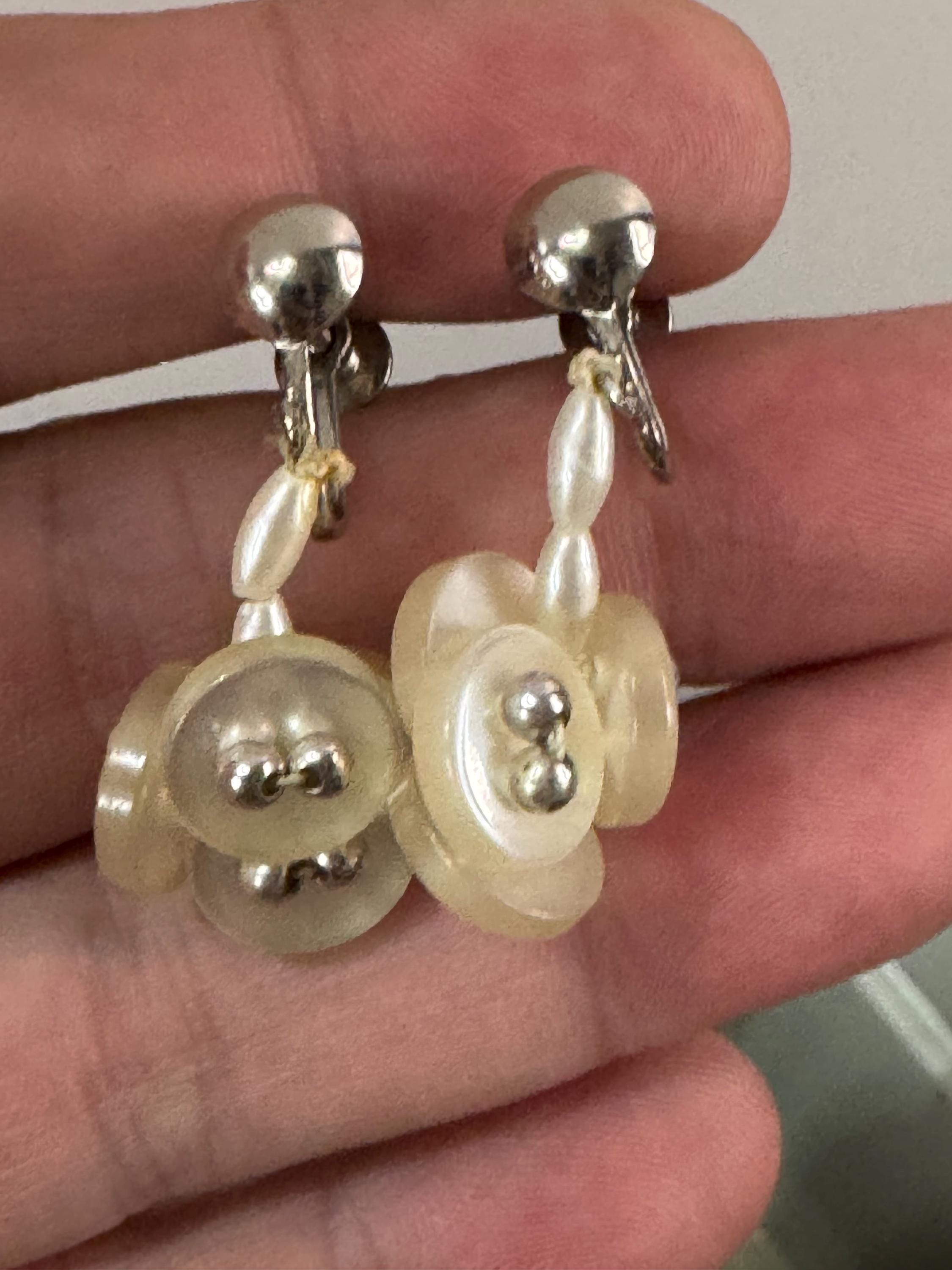 vintage make do and mend cute plastic pearl button earrings, silvertone beaded with Screw Back fitting 1930s 1940s