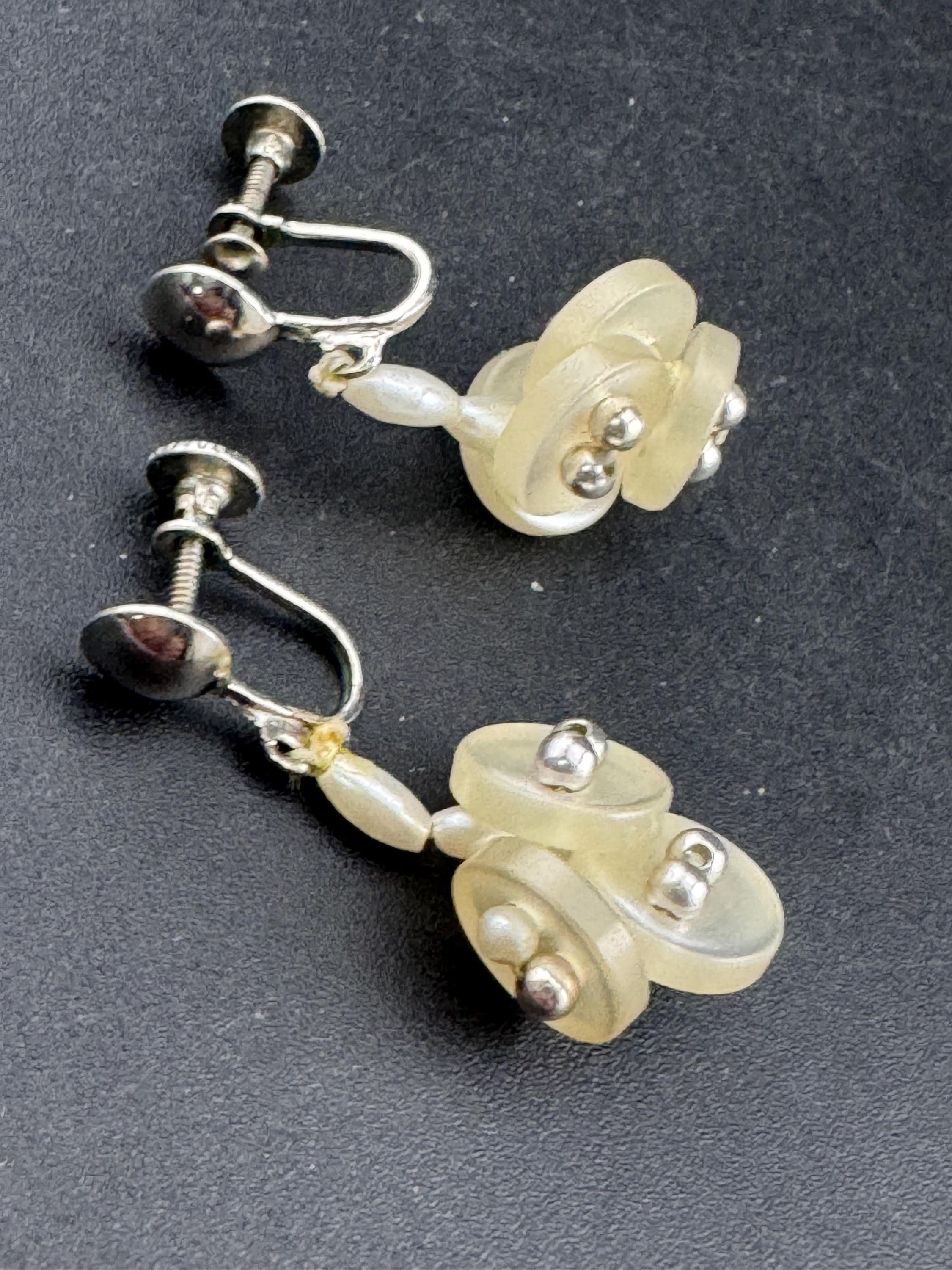 vintage make do and mend cute plastic pearl button earrings, silvertone beaded with Screw Back fitting 1930s 1940s