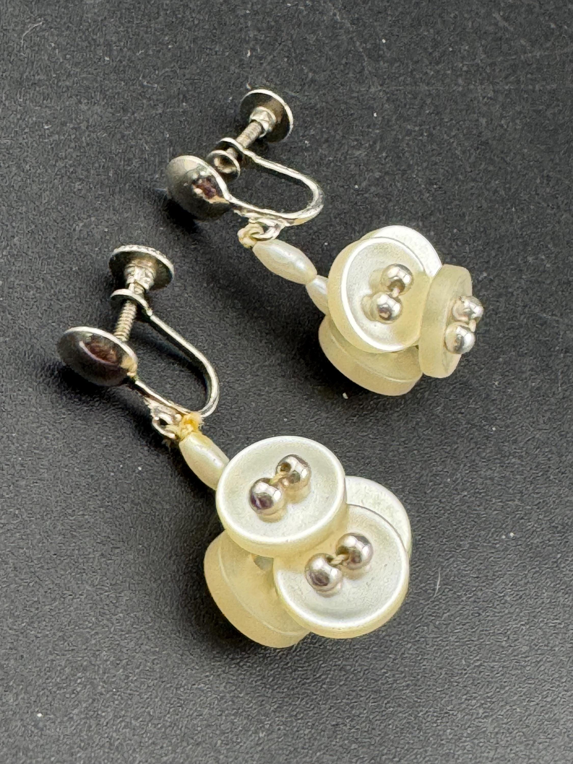 vintage make do and mend cute plastic pearl button earrings, silvertone beaded with Screw Back fitting 1930s 1940s