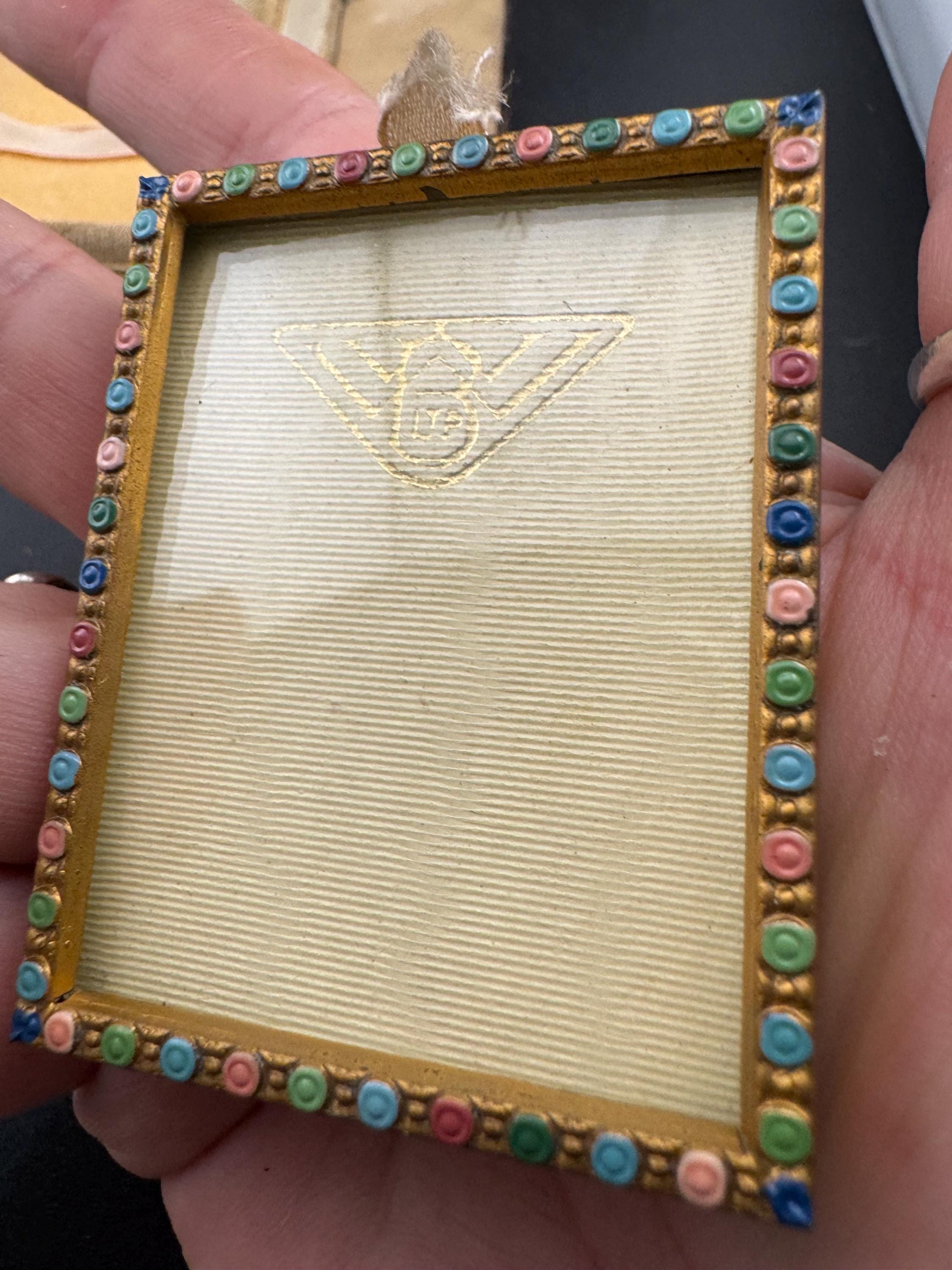 Antique Vintage Brass gold tone miniature Photo picture frame in leather tooled case Keepsake Memorial Victorian