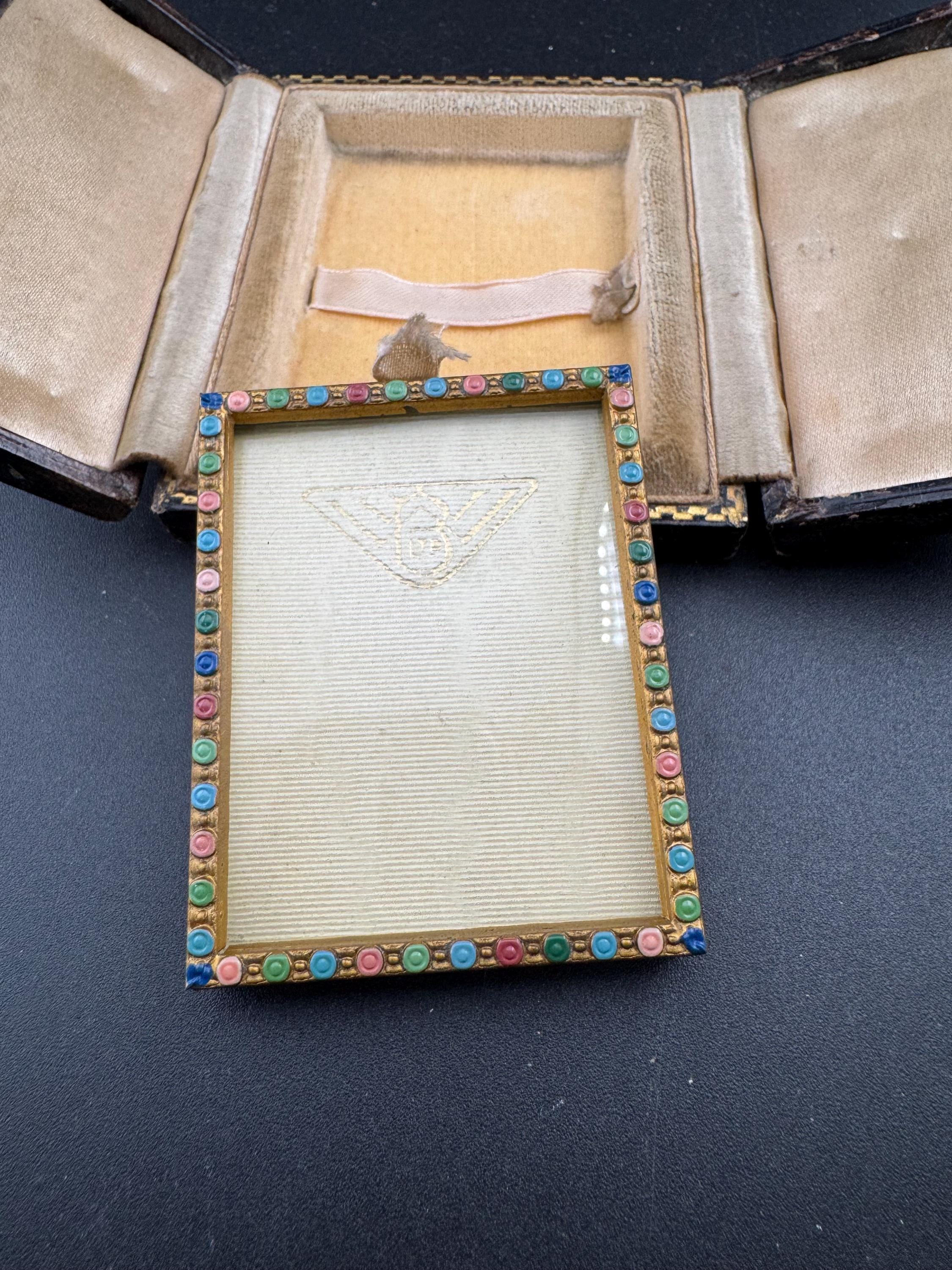 Antique Brass Miniature Photo Frame: Tooled Leather Case