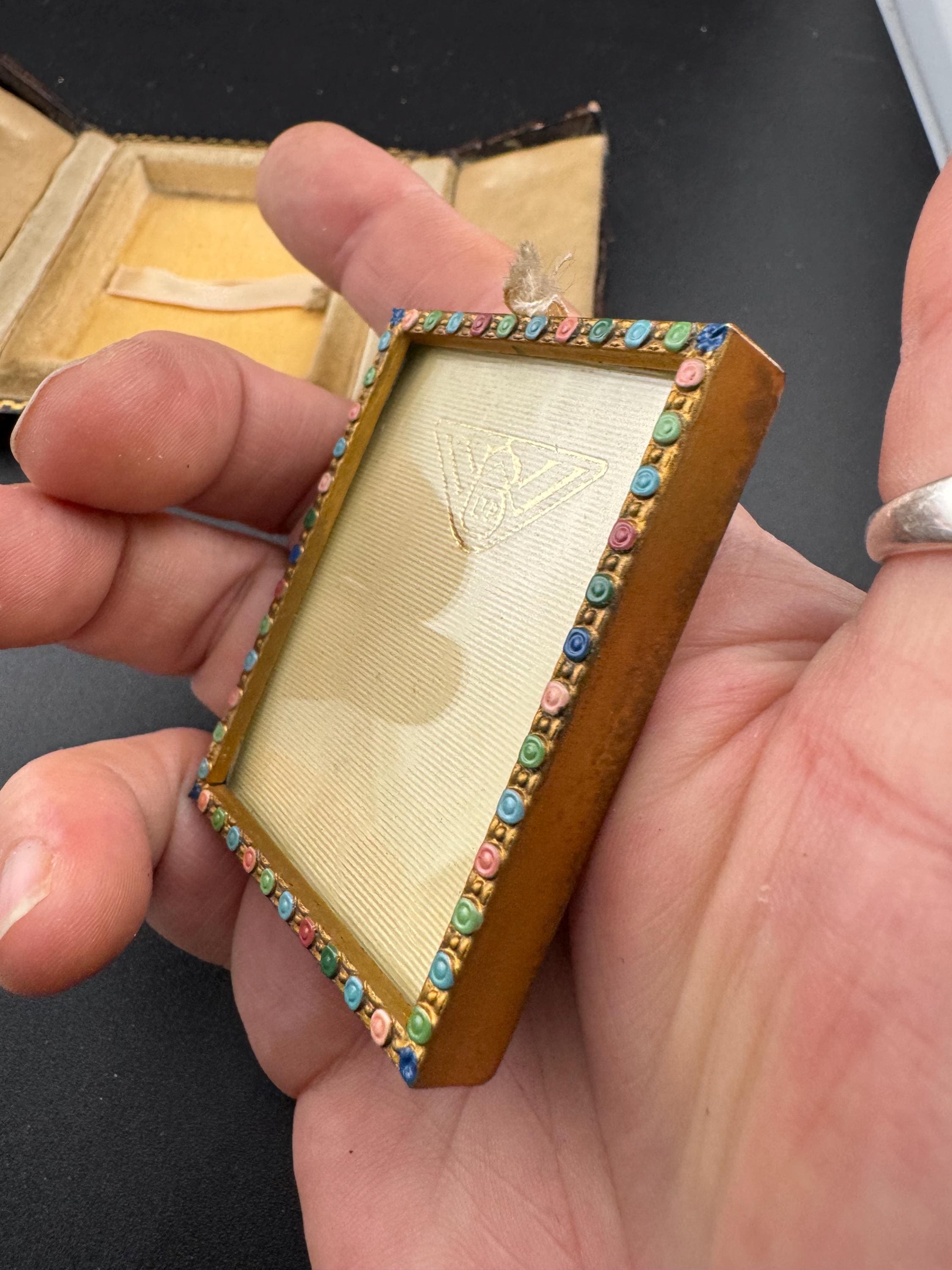 Antique Vintage Brass gold tone miniature Photo picture frame in leather tooled case Keepsake Memorial Victorian