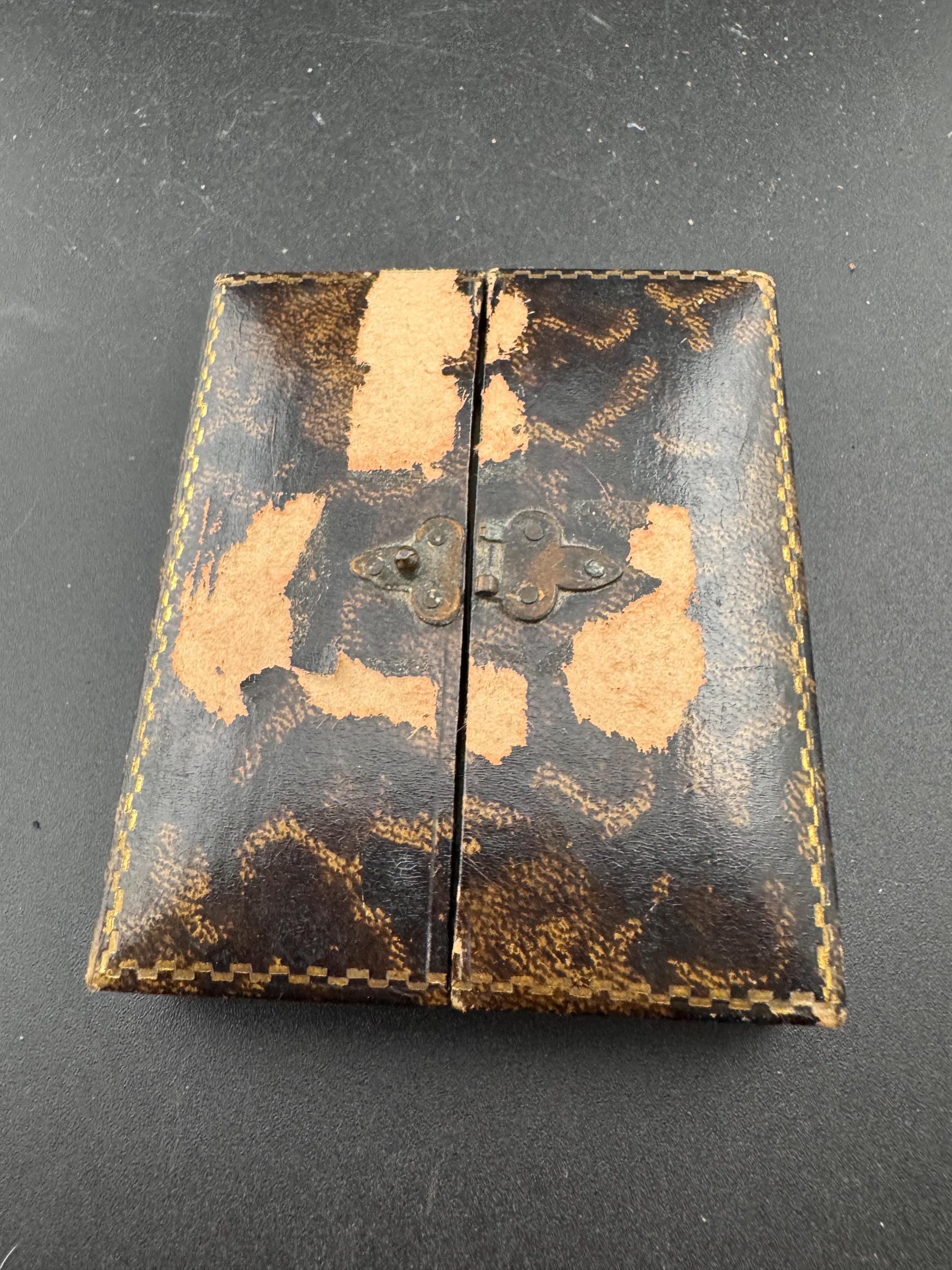 Antique Vintage Brass gold tone miniature Photo picture frame in leather tooled case Keepsake Memorial Victorian