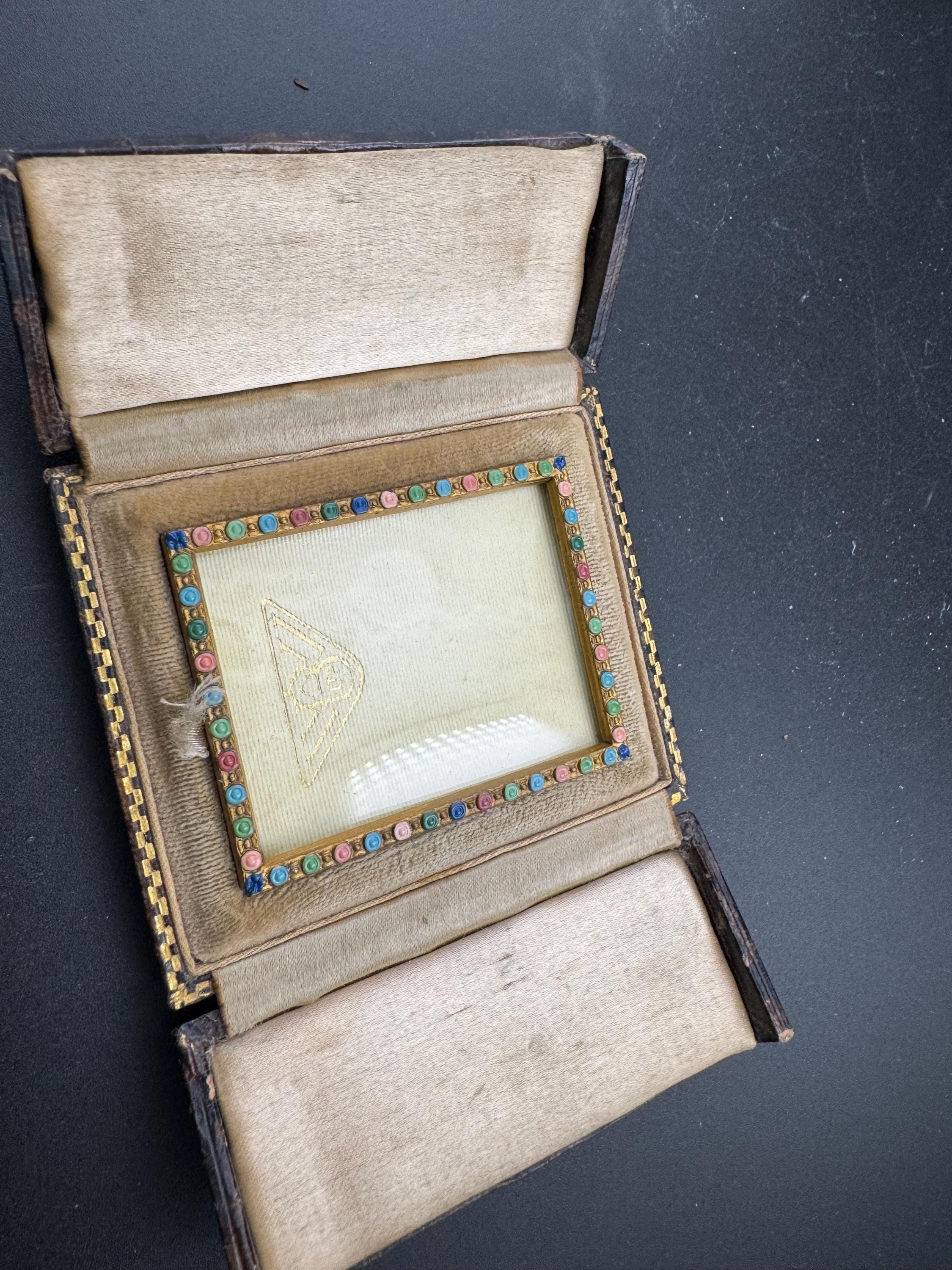 Antique Brass Miniature Photo Frame: Tooled Leather Case