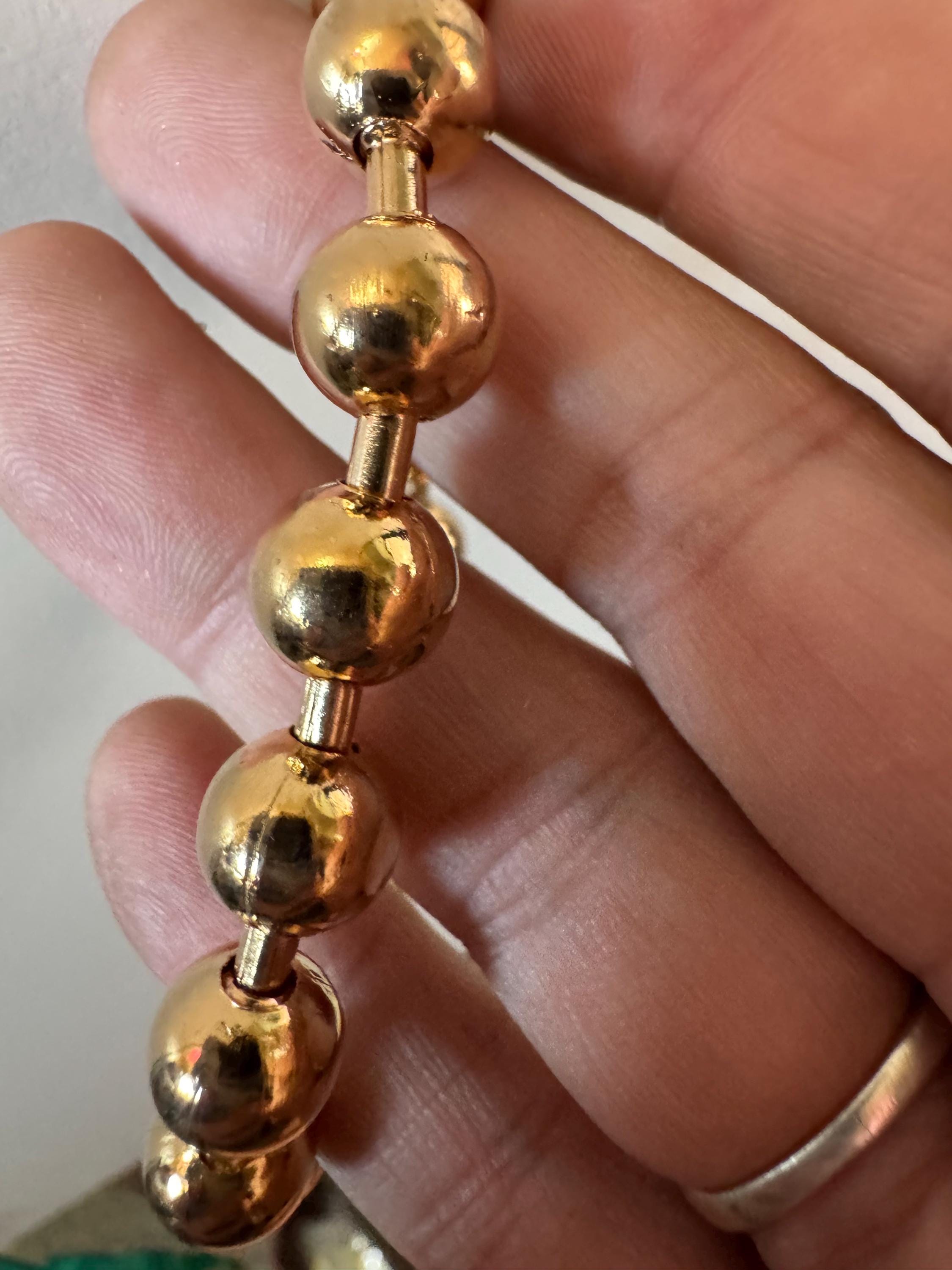 retro gold tone ball bead necklace and bracelet set with heart toggle clasp, old shop stock