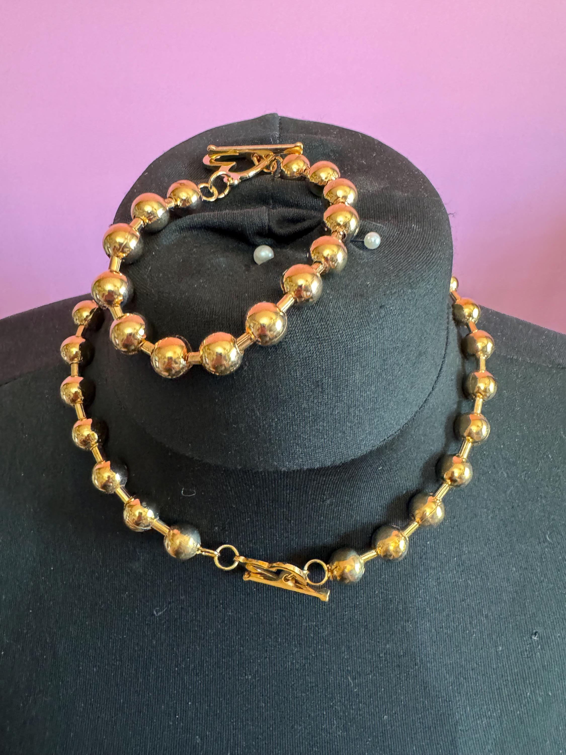 retro gold tone ball bead necklace and bracelet set with heart toggle clasp, old shop stock