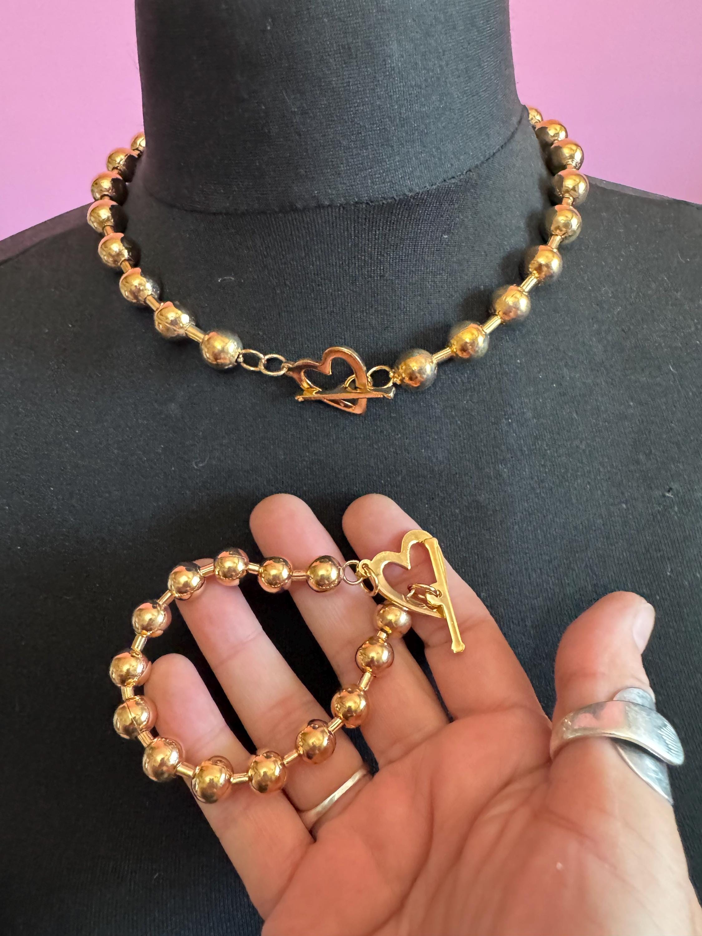 retro gold tone ball bead necklace and bracelet set with heart toggle clasp, old shop stock
