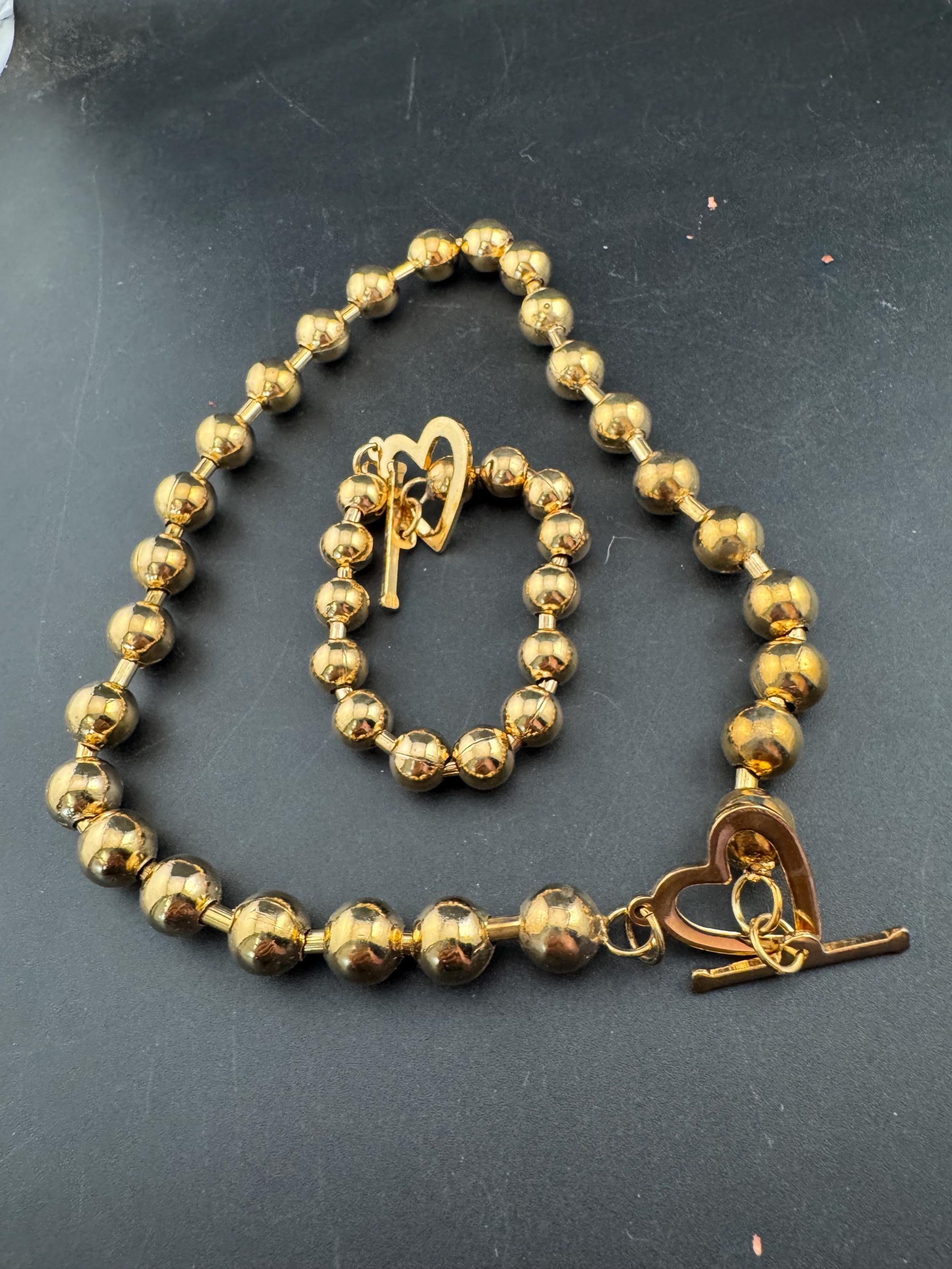 retro gold tone ball bead necklace and bracelet set with heart toggle clasp, old shop stock