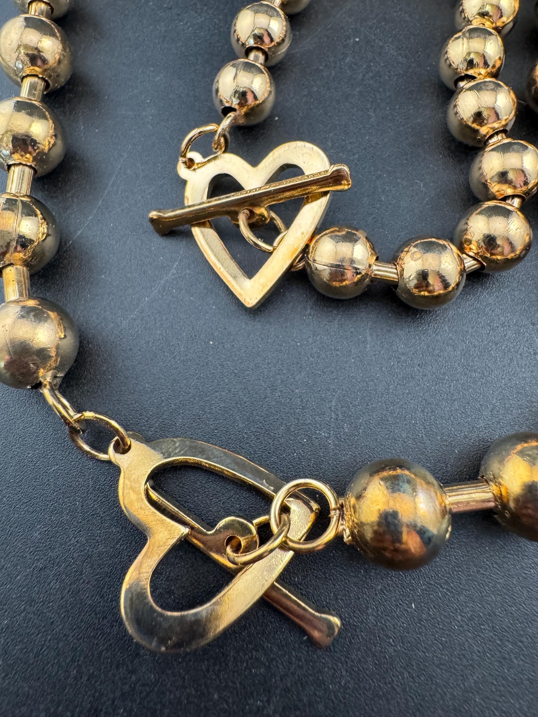 retro gold tone ball bead necklace and bracelet set with heart toggle clasp, old shop stock