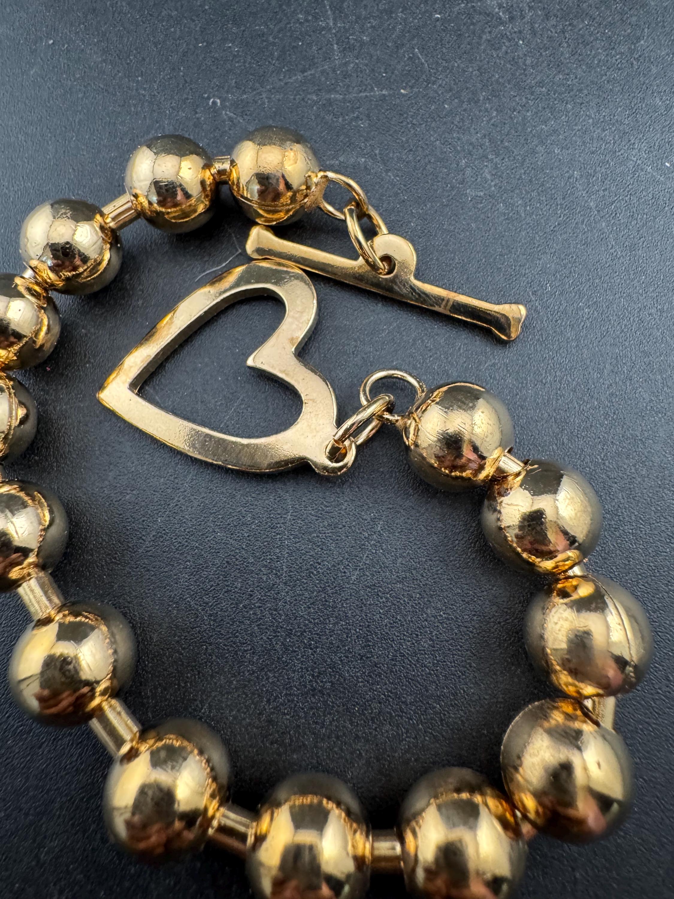 retro gold tone ball bead bracelet set with heart toggle clasp, old shop stock 20cm