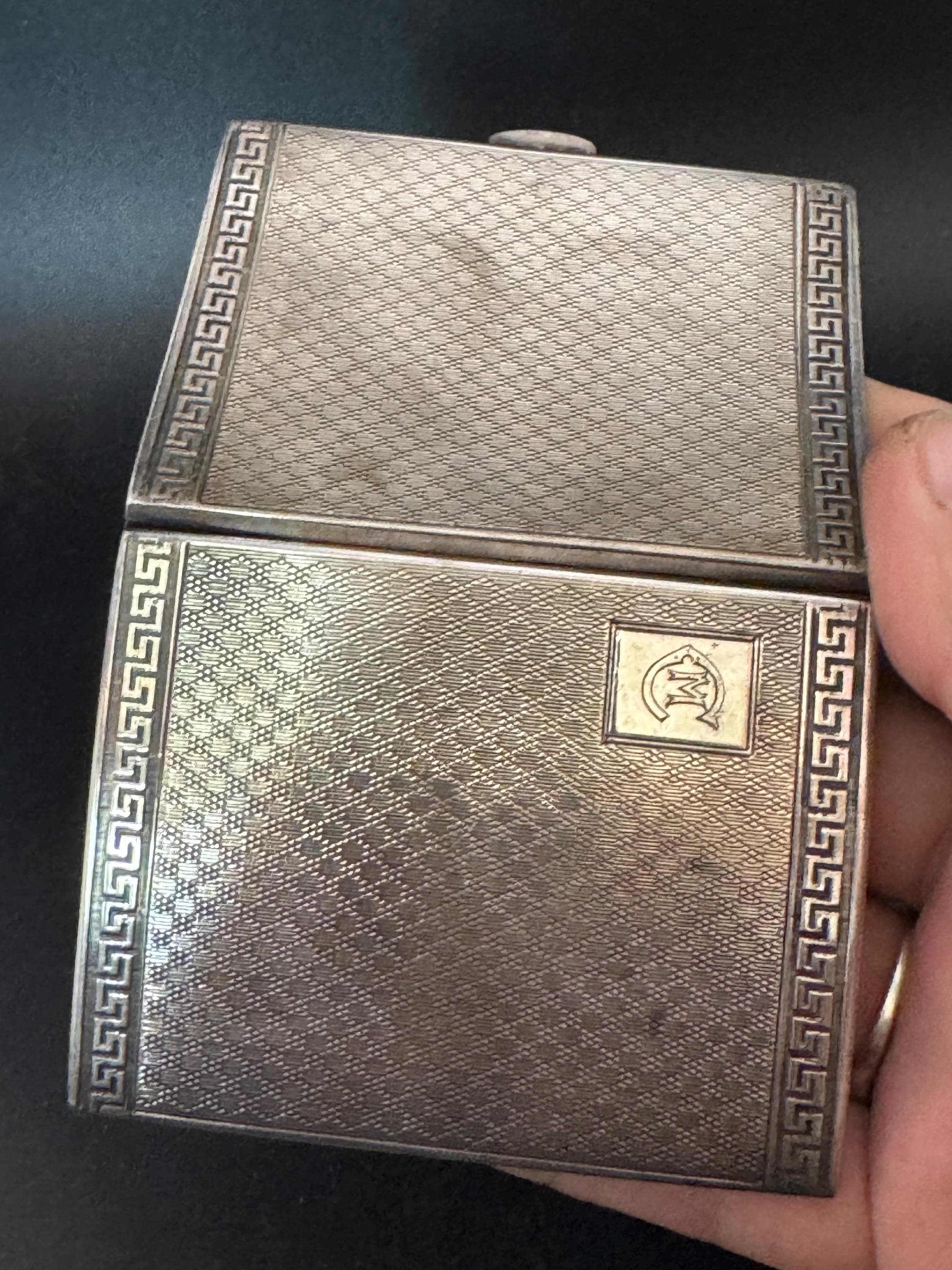 Antique 1926 Birmingham Sterling silver cigarette case with Greek key design and monogram 67.29 grams