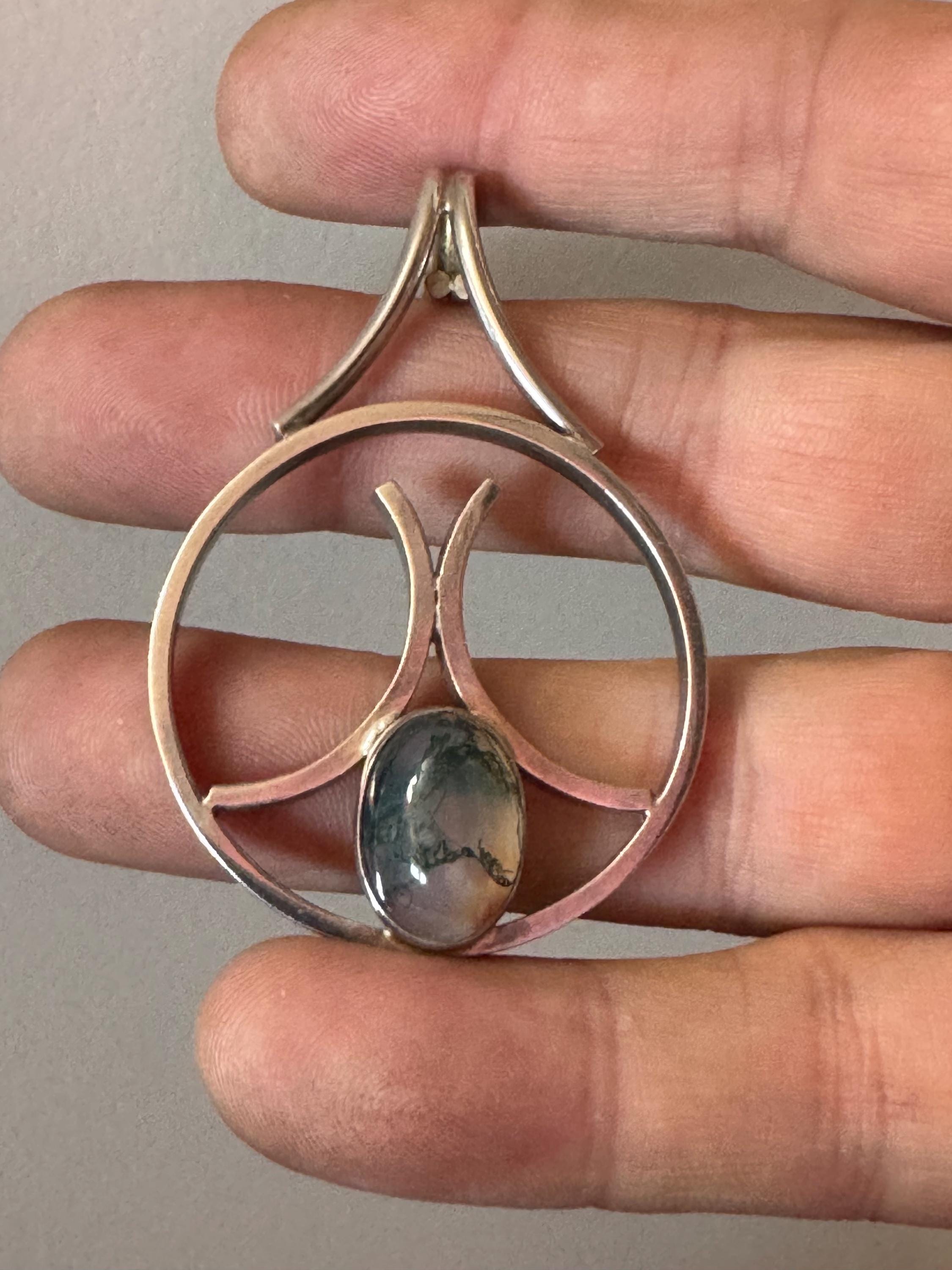 Vintage Moss Agate Sterling Silver Pendant: Malcolm Gray Edinburgh 1976