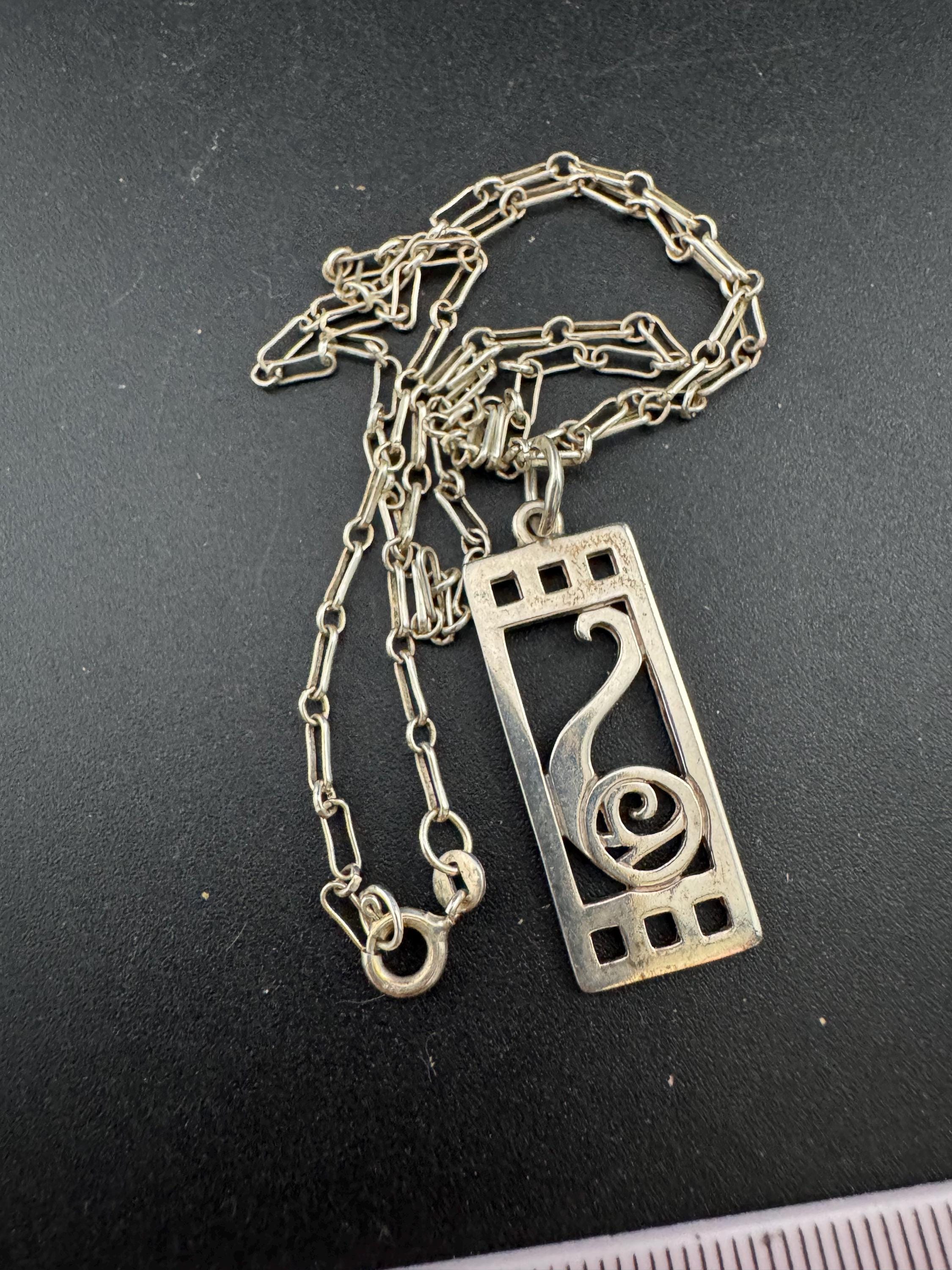 925 Silver pendant necklace Charles Rennie Mackintosh style, arts & crafts, full set of hallmarks