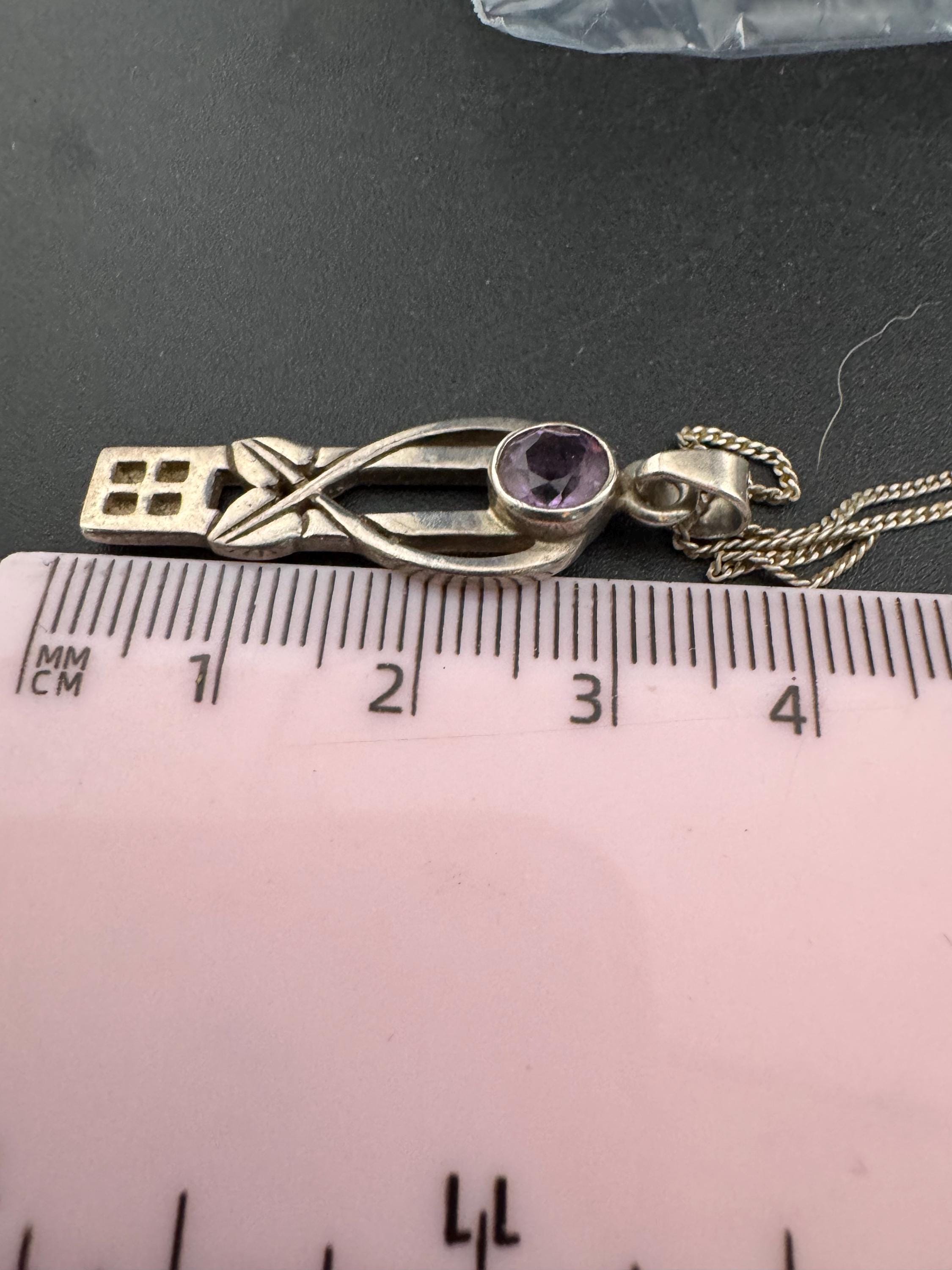 925 sterling Silver amethyst gemstone pendant necklace Charles Rennie Mackintosh style, arts & crafts