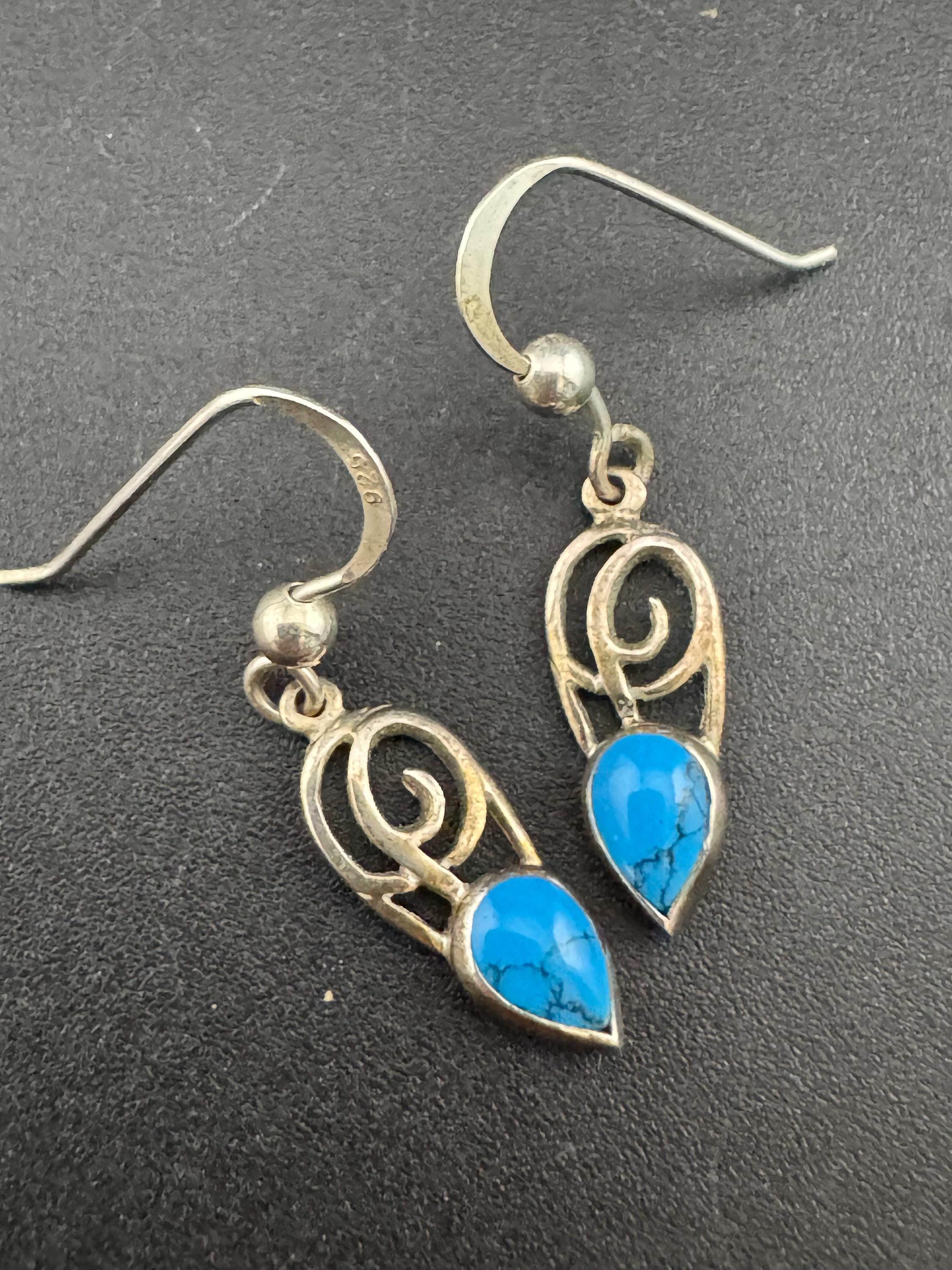 Vintage Turquoise Sterling Silver Drop Earrings: Arts & Crafts Style
