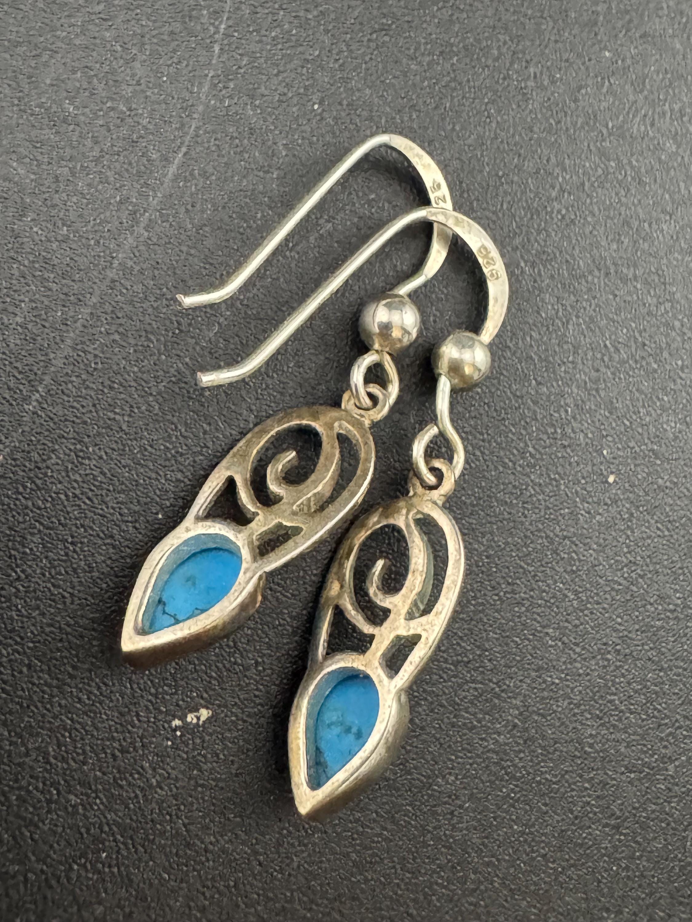 Vintage Turquoise Sterling Silver Drop Earrings: Arts & Crafts Style
