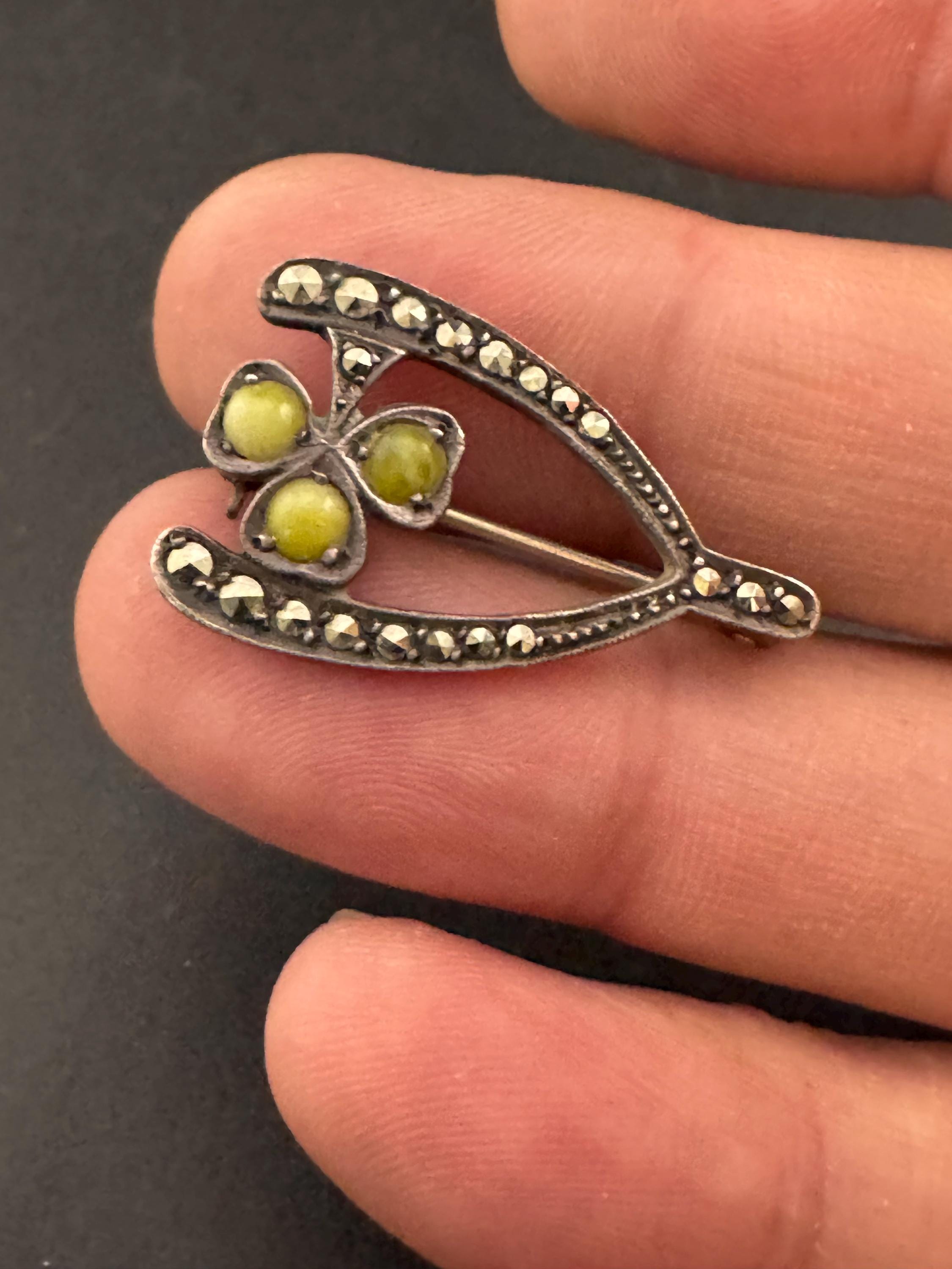 Signed Irish Lucky Wishbone Good Luck 935 sterling silver Connemara marble and marcasite brooch