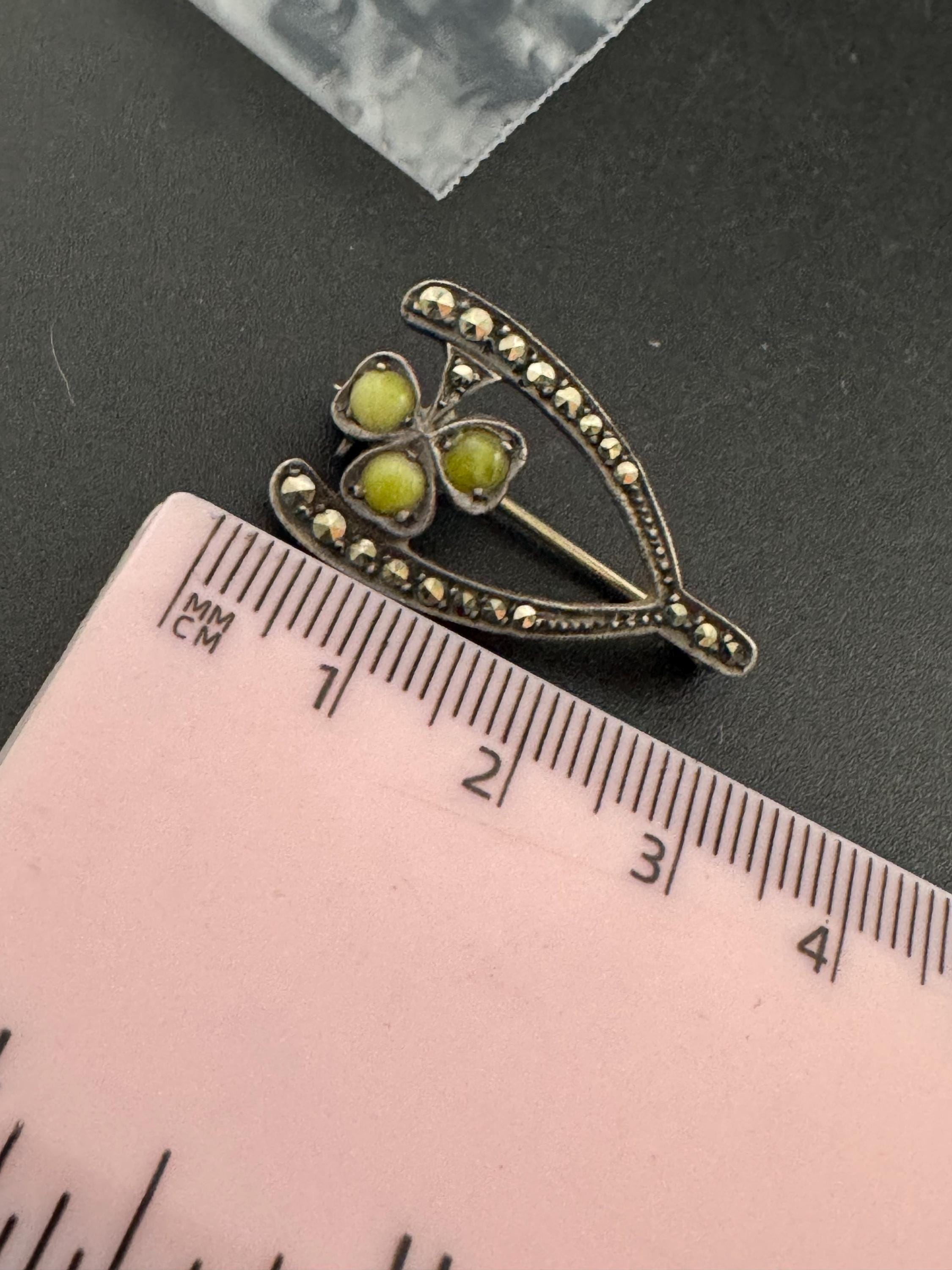 Signed Irish Lucky Wishbone Good Luck 935 sterling silver Connemara marble and marcasite brooch
