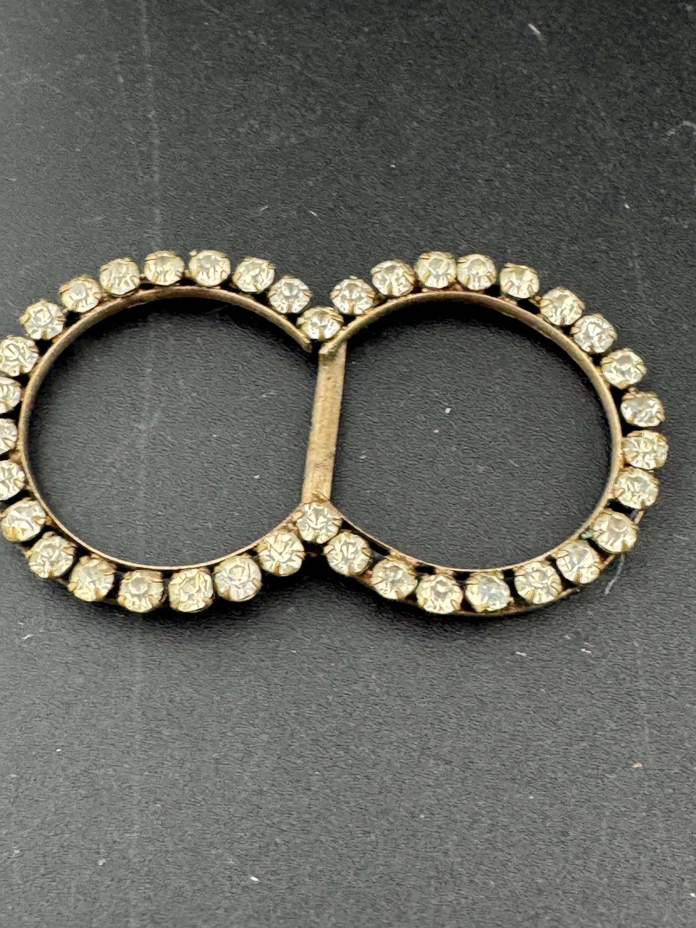 vintage Czech gold tone claw set Clear Glass Diamante double loop Belt Buckle, old paste rhinestone Wedding Sash Adornment choker Fitting