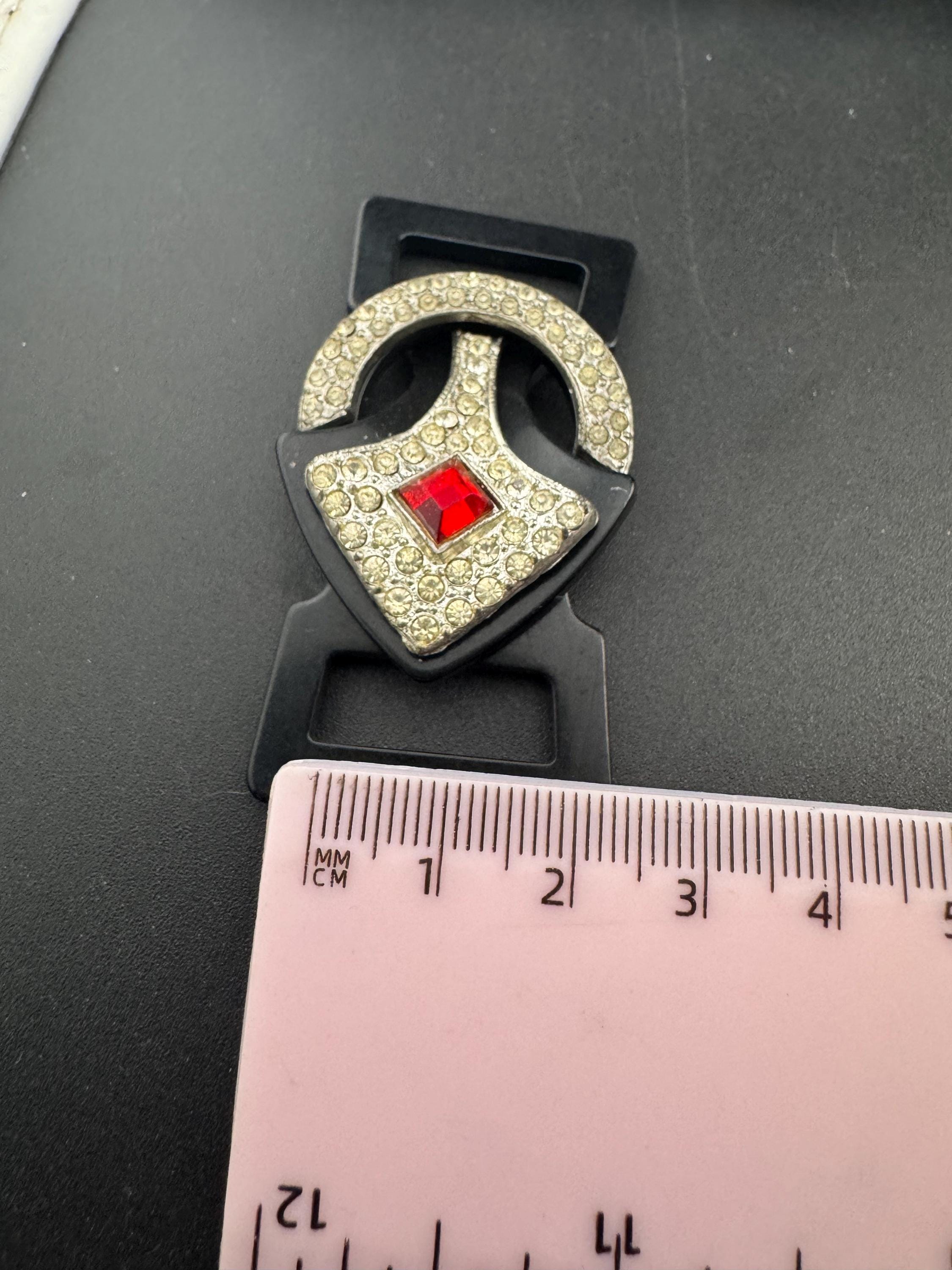 Antique Art Deco Black early plastic 2 part double ruby red and clear crystal rhinestone Belt Buckle 1920s 1930s Sewing Haberdashery