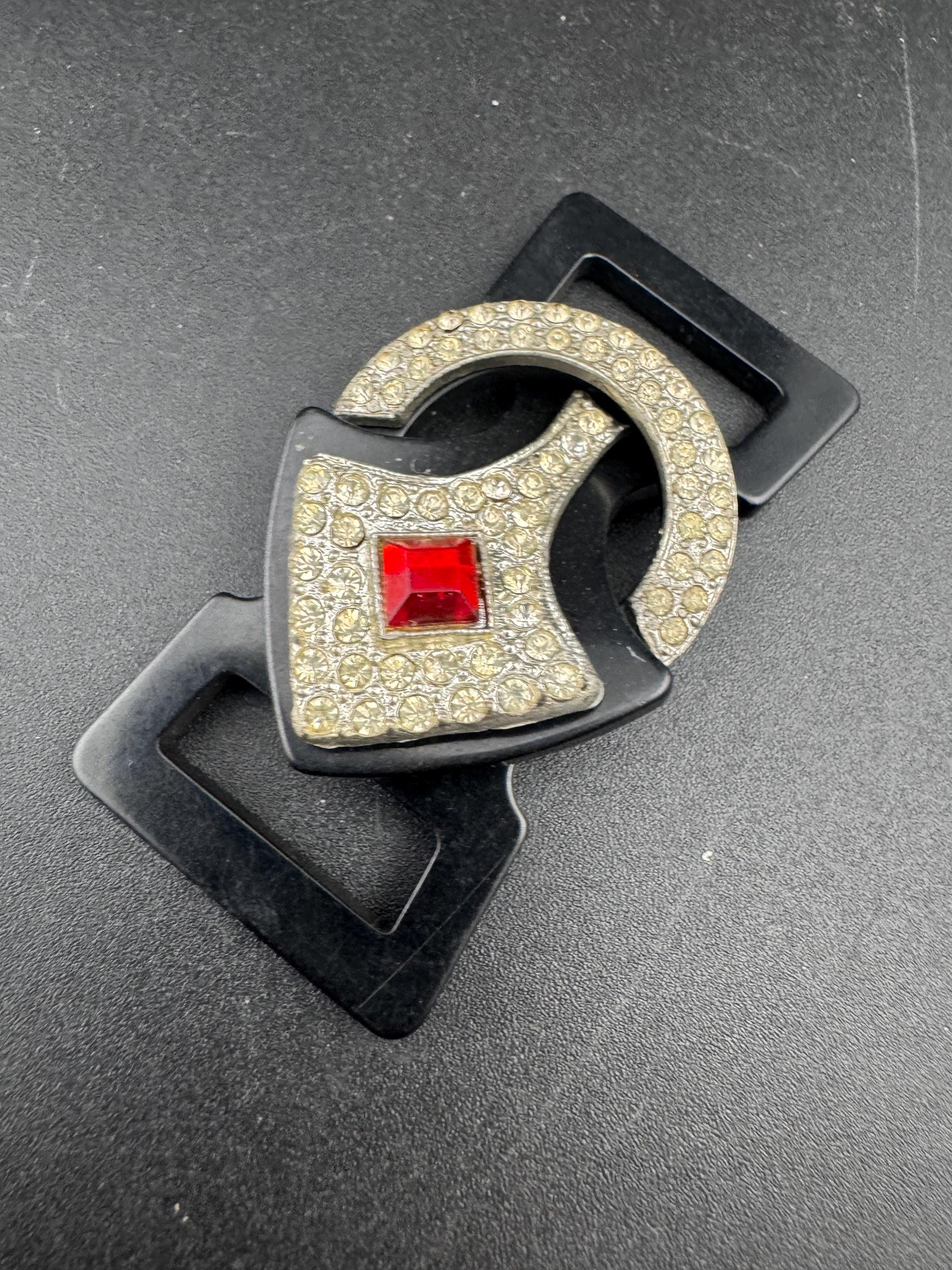 Antique Art Deco Black early plastic 2 part double ruby red and clear crystal rhinestone Belt Buckle 1920s 1930s Sewing Haberdashery