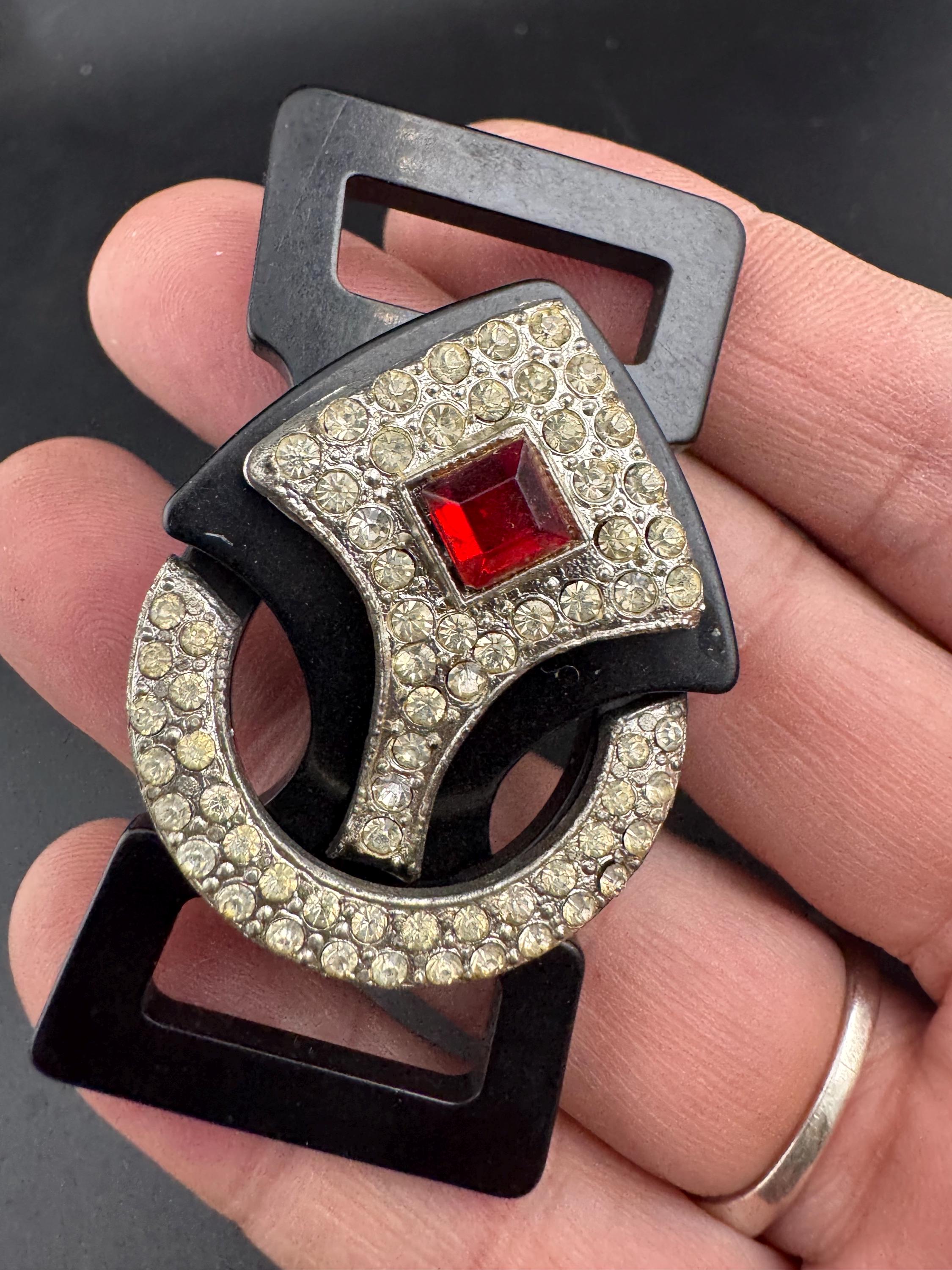 Antique Art Deco Black early plastic 2 part double ruby red and clear crystal rhinestone Belt Buckle 1920s 1930s Sewing Haberdashery