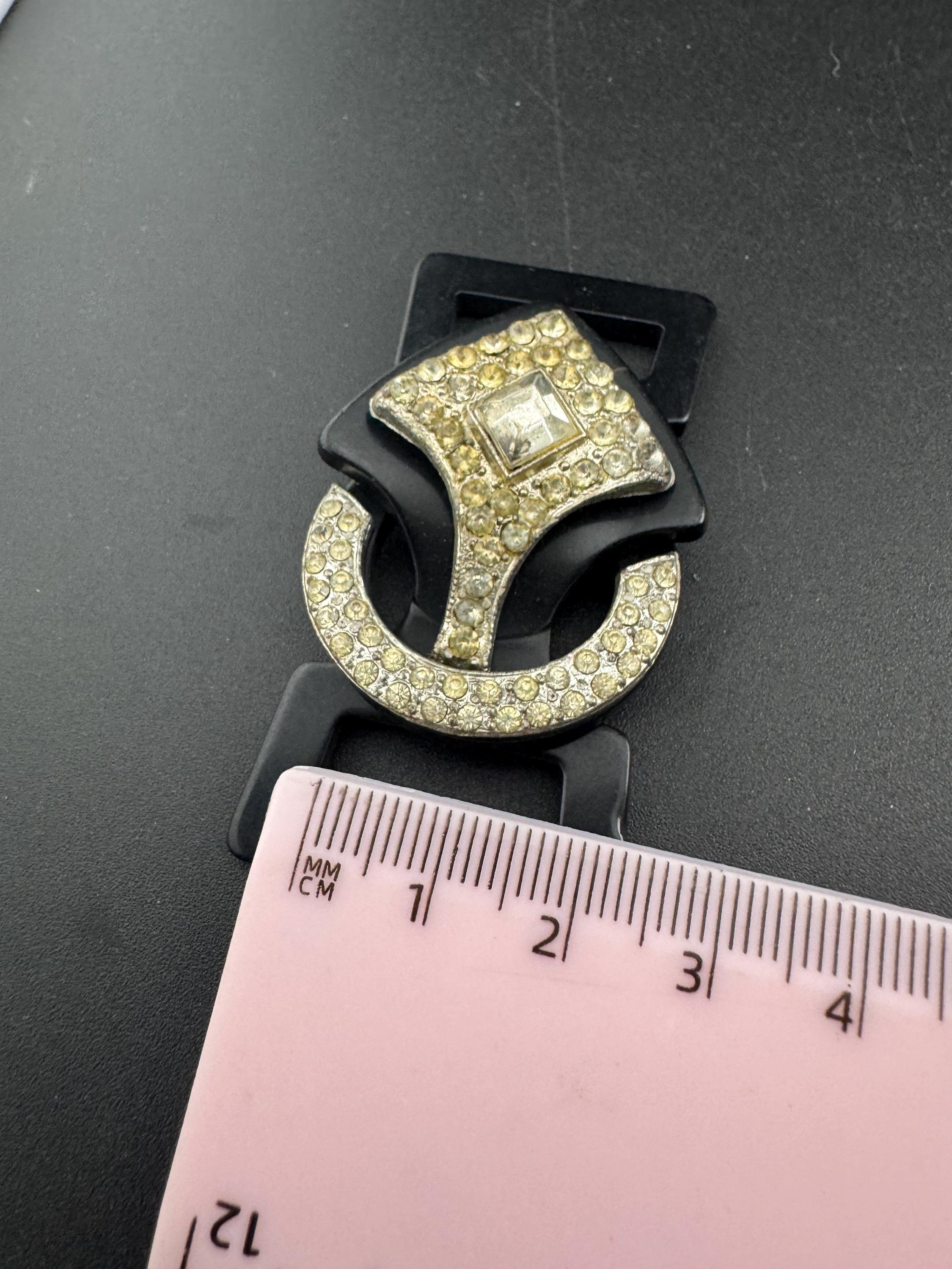 Antique Art Deco Black early plastic 2 part double geometric clear crystal rhinestone Belt Buckle 1920s 1930s Sewing Haberdashery