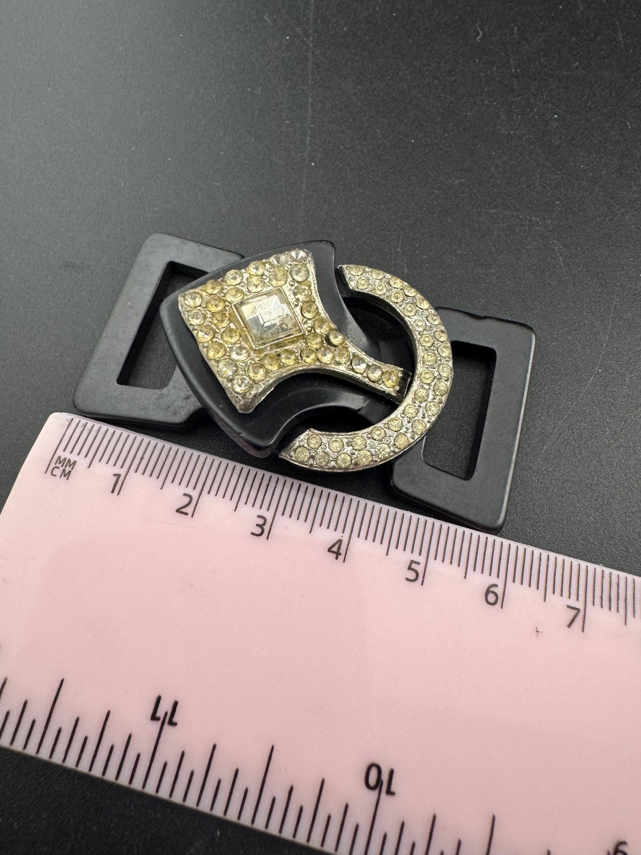 Antique Art Deco Black early plastic 2 part double geometric clear crystal rhinestone Belt Buckle 1920s 1930s Sewing Haberdashery