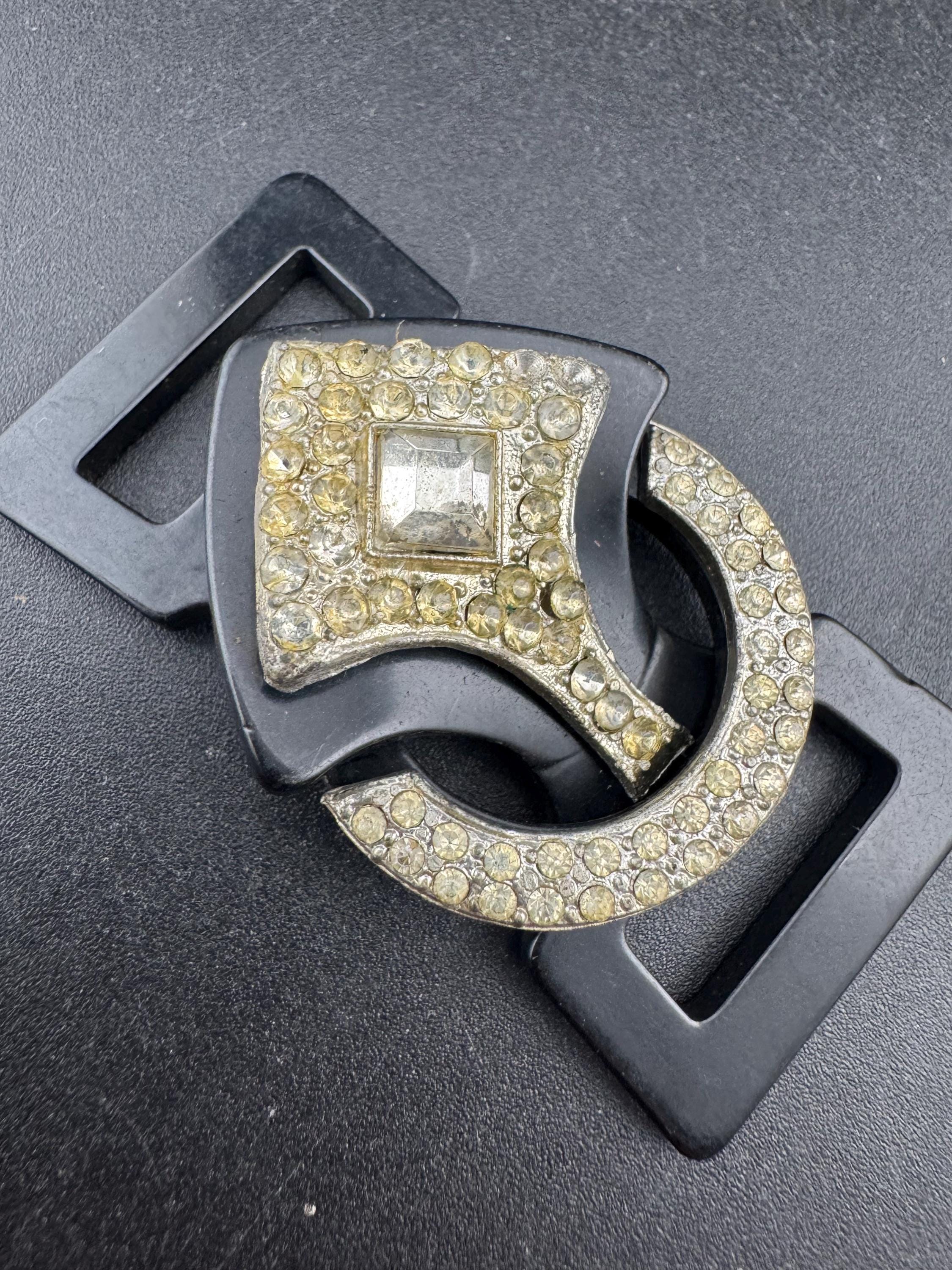 Antique Art Deco Black early plastic 2 part double geometric clear crystal rhinestone Belt Buckle 1920s 1930s Sewing Haberdashery