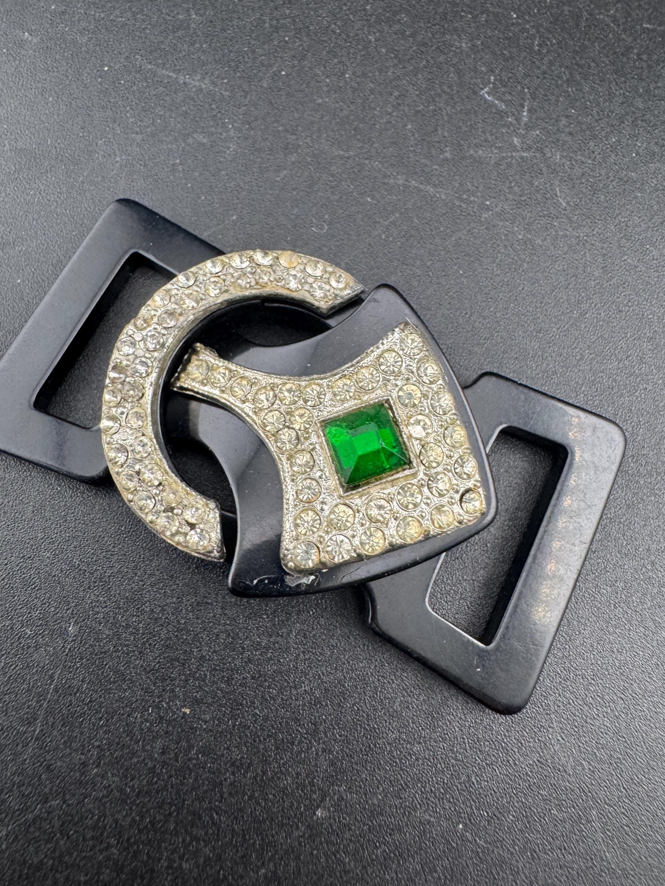 Antique Art Deco Black early plastic 2 part double emerald green and clear crystal rhinestone Belt Buckle 1920s 1930s Sewing Haberdashery