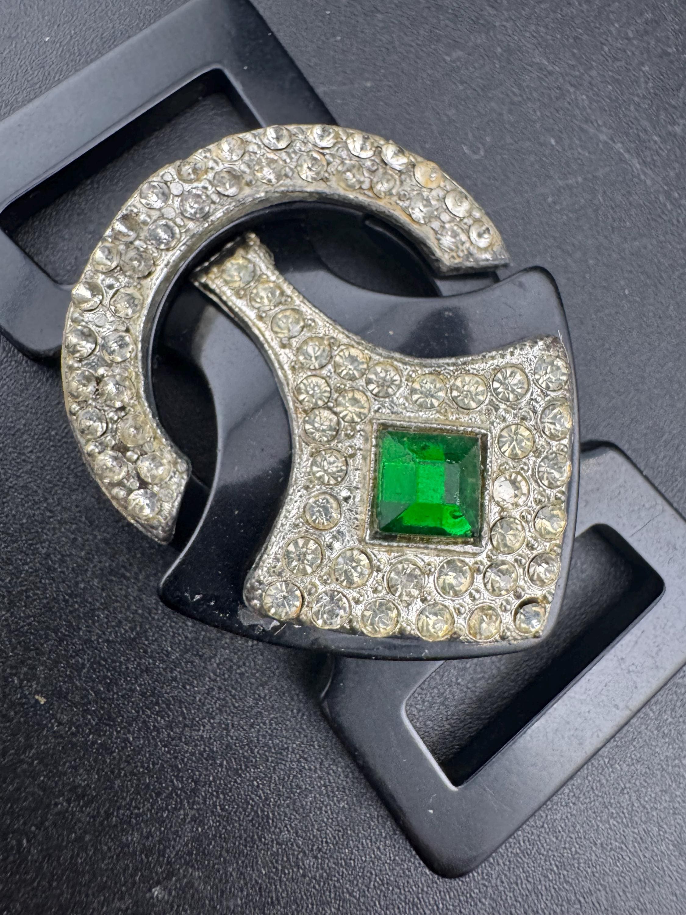 Antique Art Deco Black early plastic 2 part double emerald green and clear crystal rhinestone Belt Buckle 1920s 1930s Sewing Haberdashery