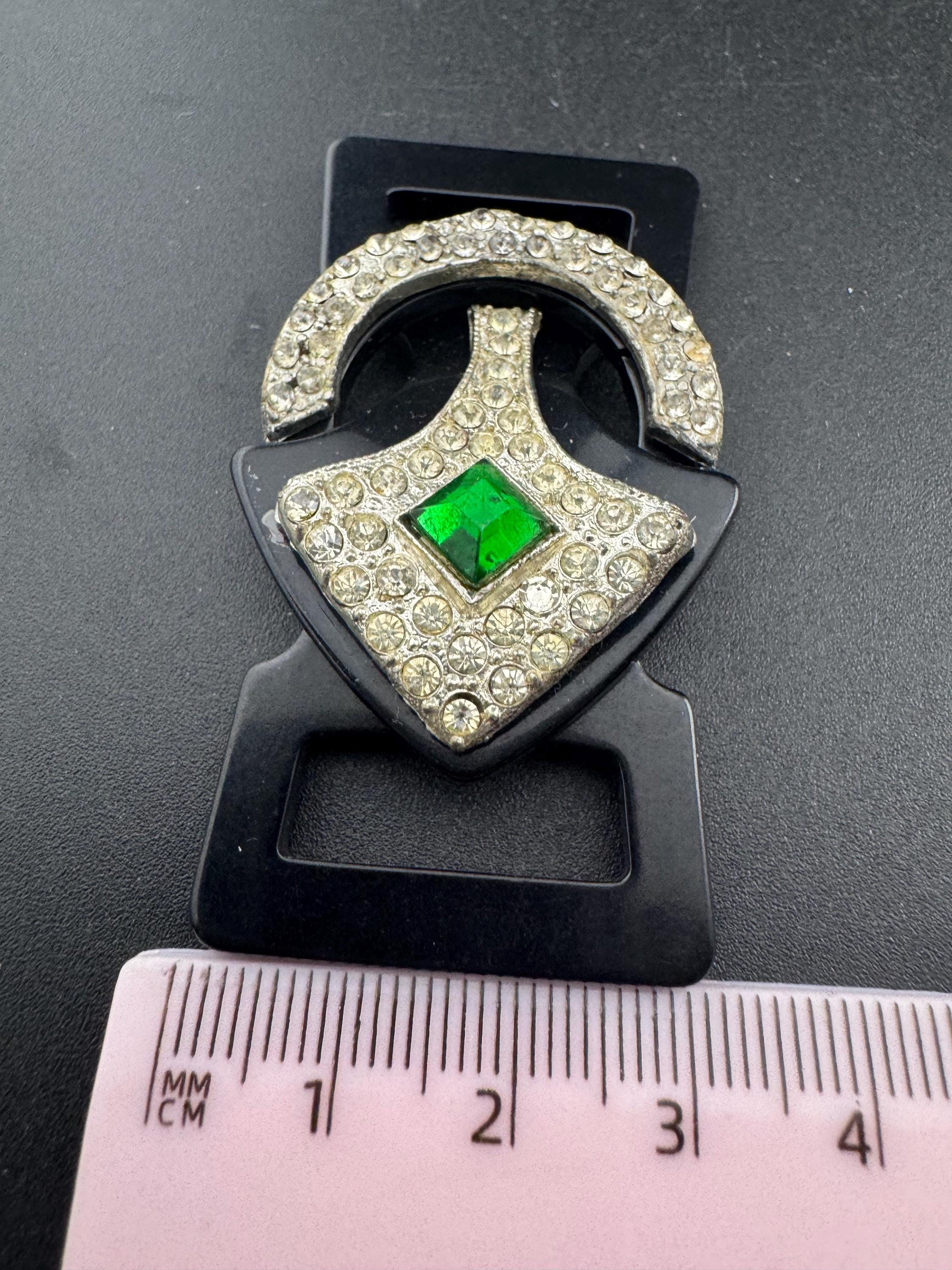 Antique Art Deco Black early plastic 2 part double emerald green and clear crystal rhinestone Belt Buckle 1920s 1930s Sewing Haberdashery