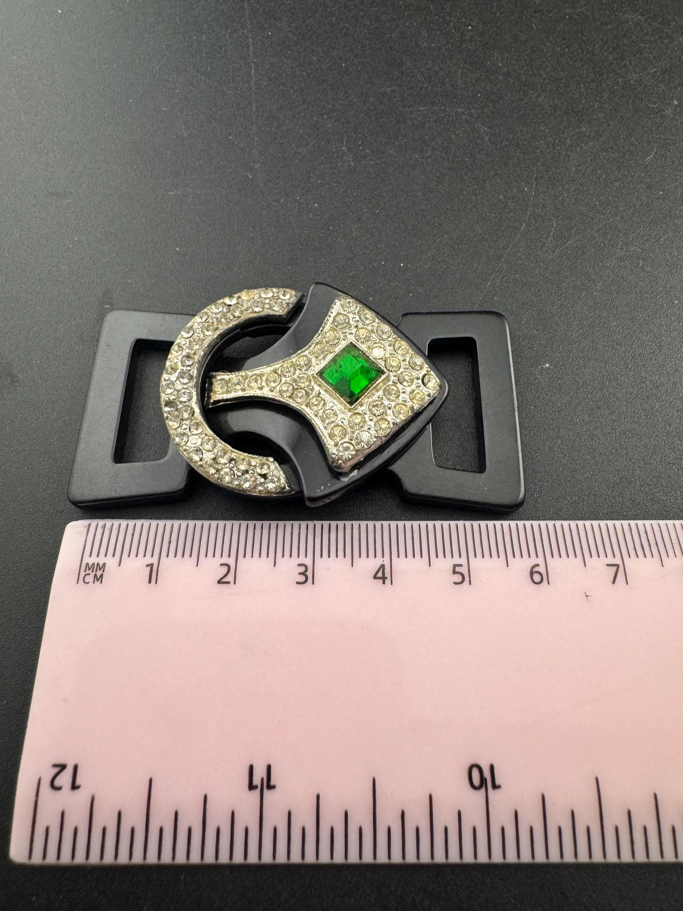 Antique Art Deco Black early plastic 2 part double emerald green and clear crystal rhinestone Belt Buckle 1920s 1930s Sewing Haberdashery