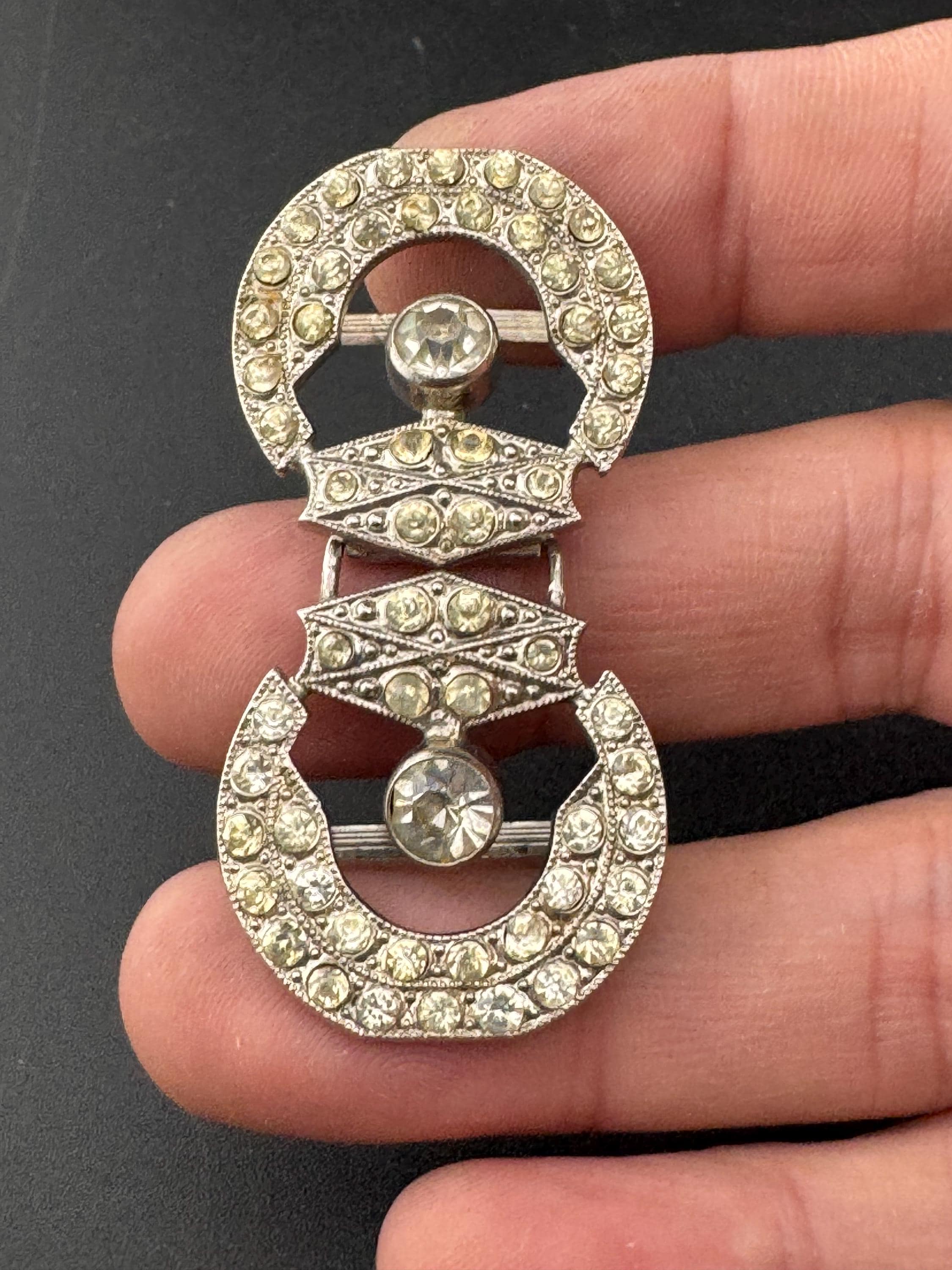 Antique 5cm Czech Art Deco 1920s 1930s wide double 2 part Glass Diamante Belt Buckle paste rhinestone Bridal Wedding Sash Adornment Fitting