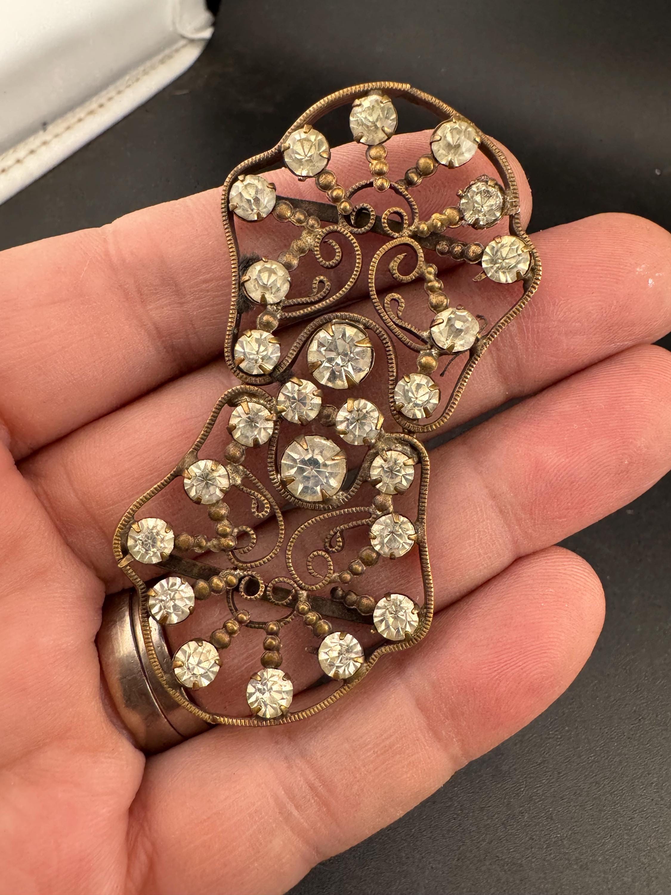 Antique 7cm Czech Art Deco 1920s 1930s wide double 2 part Glass Diamante Belt Buckle paste rhinestone Bridal Wedding Sash Adornment Fitting