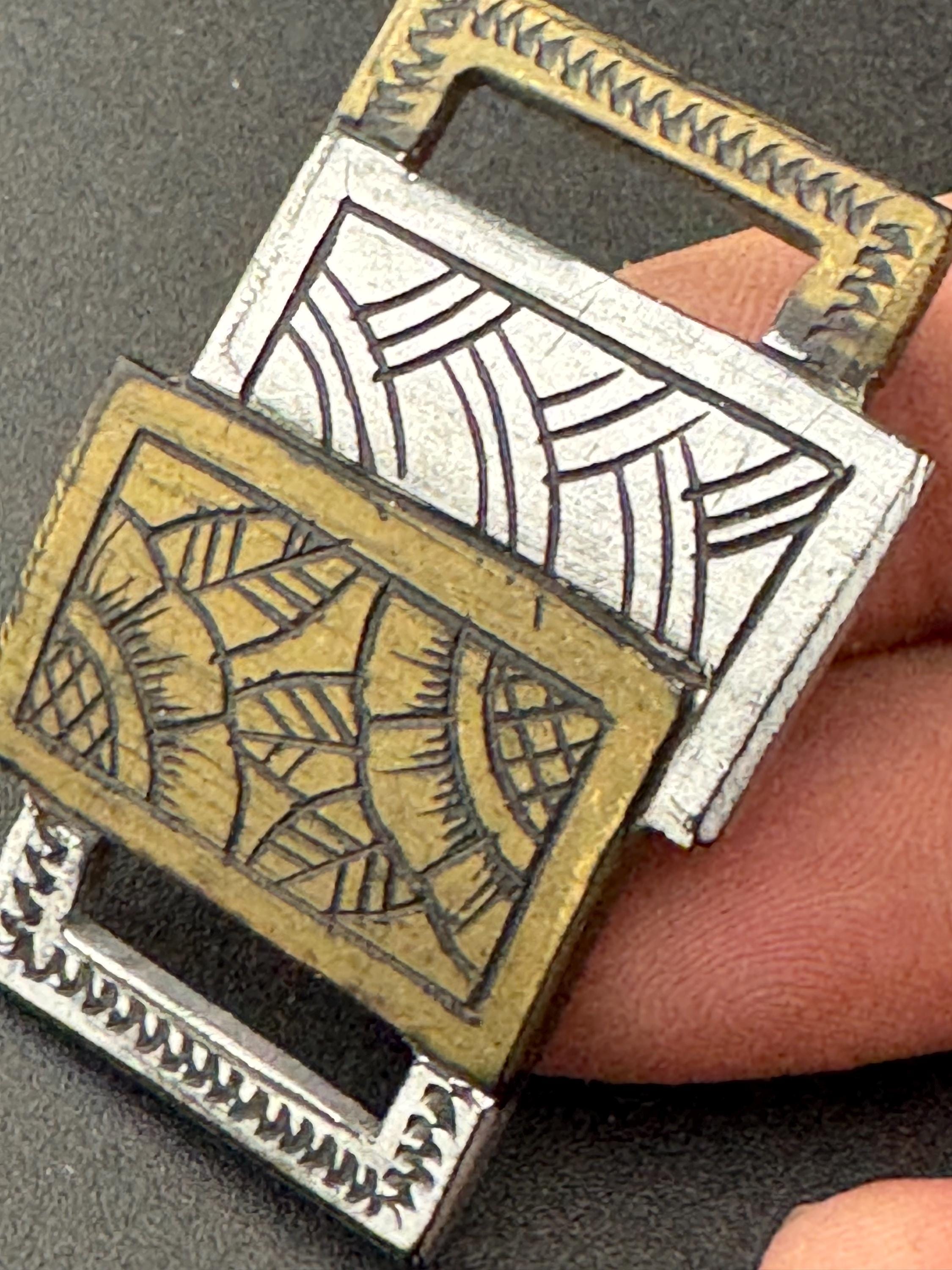 Vintage Art Deco 2 part BROWN silver early plastic carved double belt buckle
