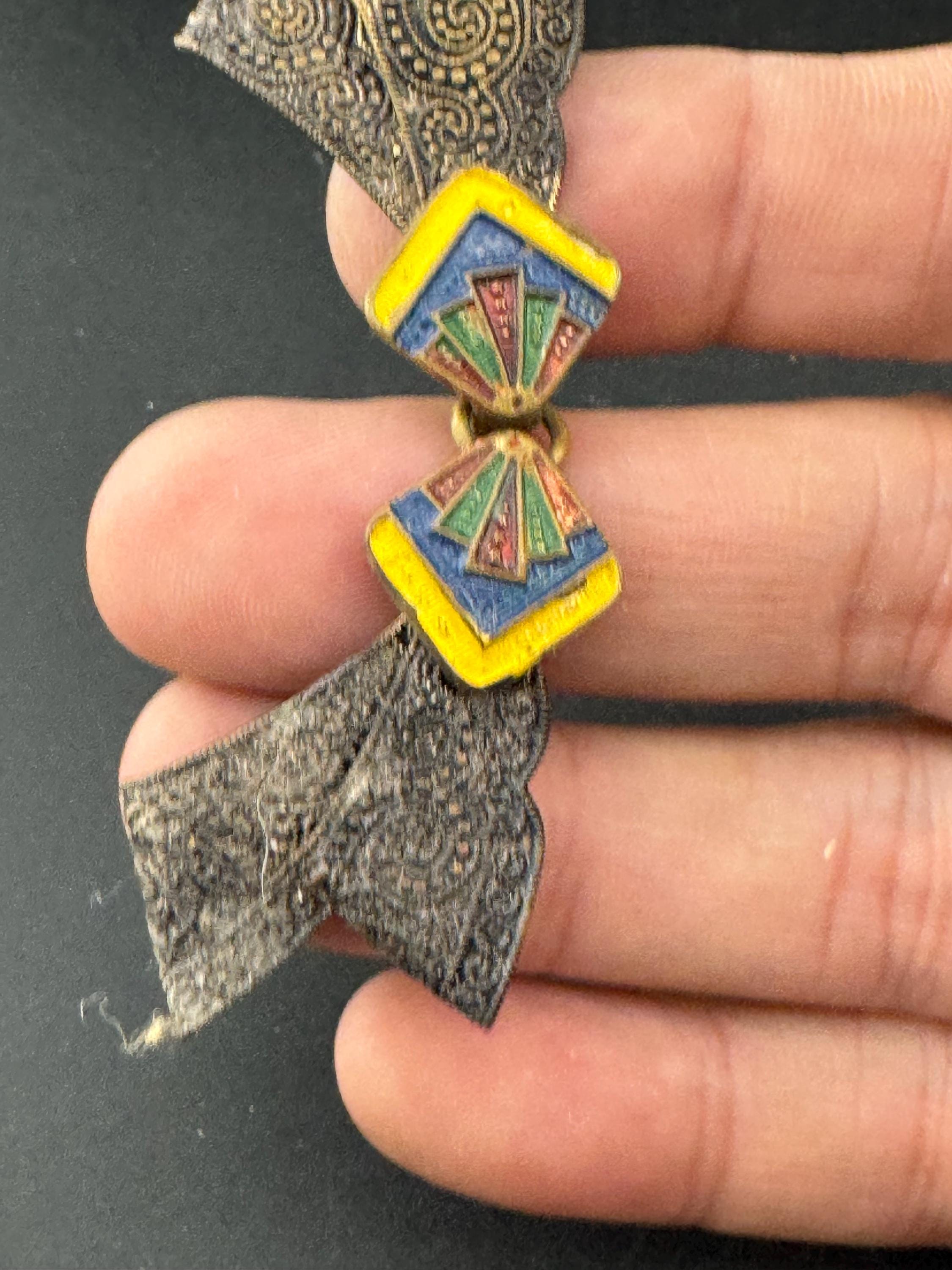 Antique Art Deco Cloisonne Enamel Belt Buckle: Yellow & Blue, 1920s