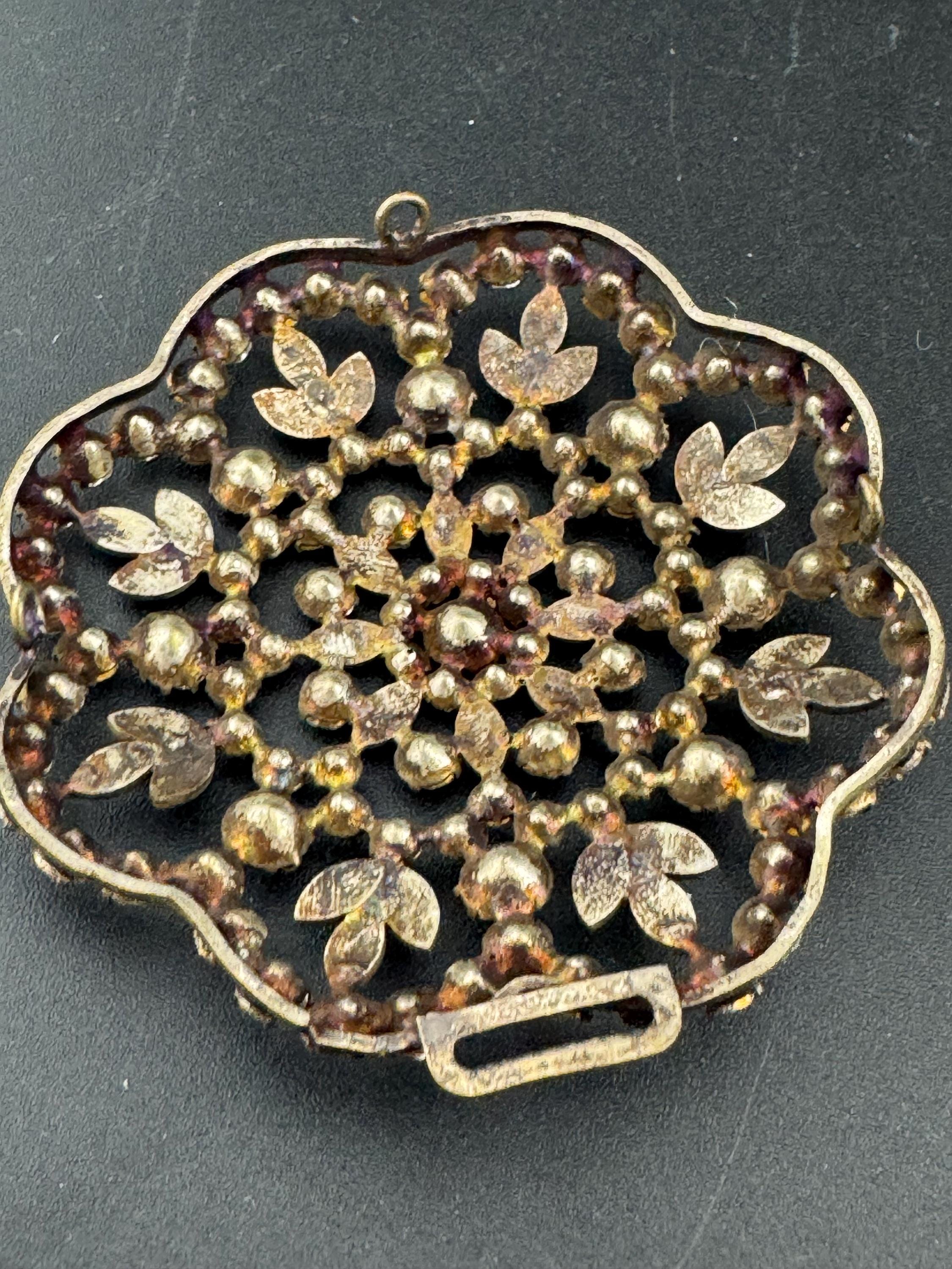 Antique large flower shaped emerald green enamel glass diamanté sew on embellishment