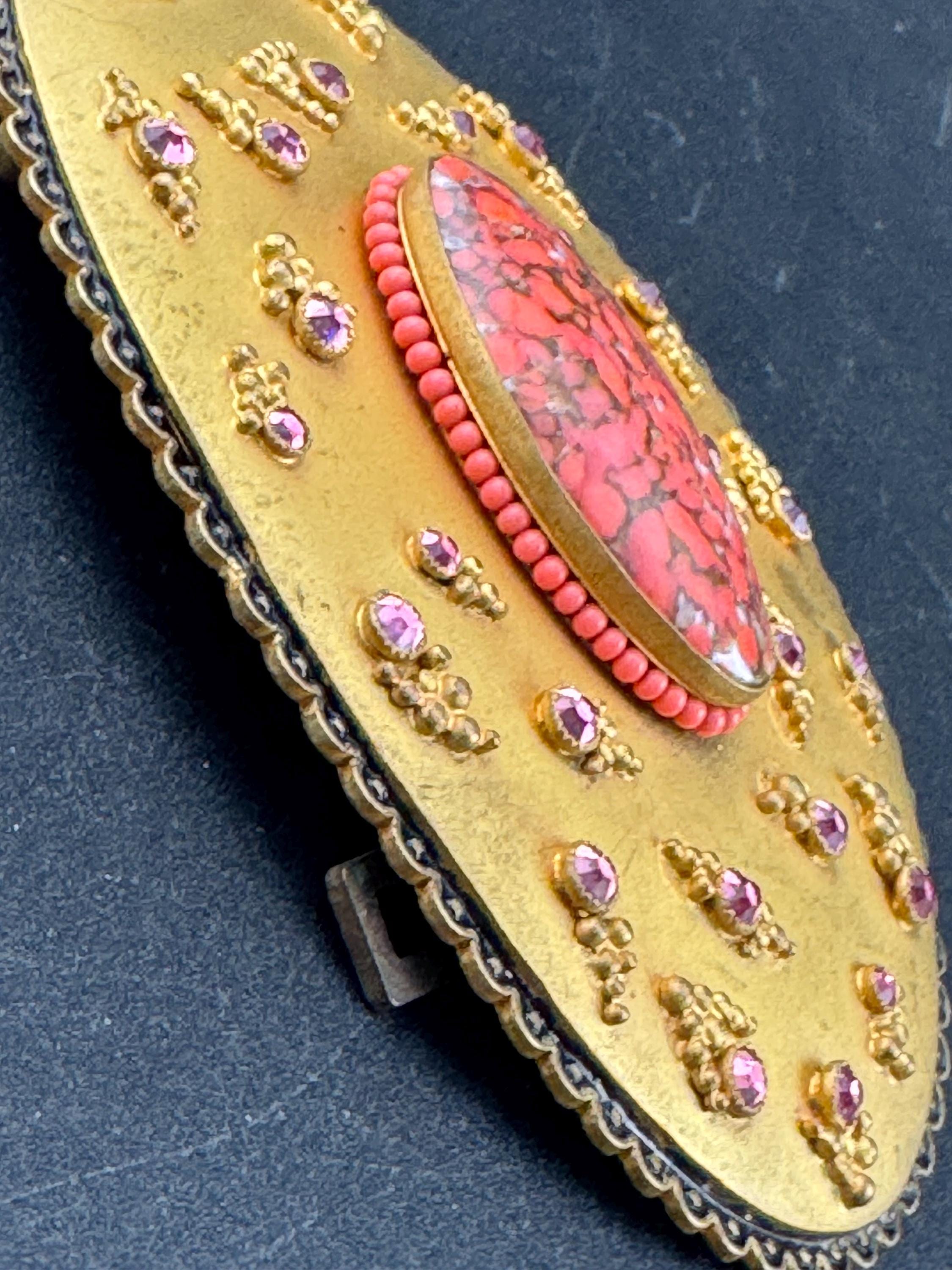 Oversized XL Antique Czech gold Gilt Ormolu pink rhinestone red cabochon oval metal Belt Buckle Georgian Victorian