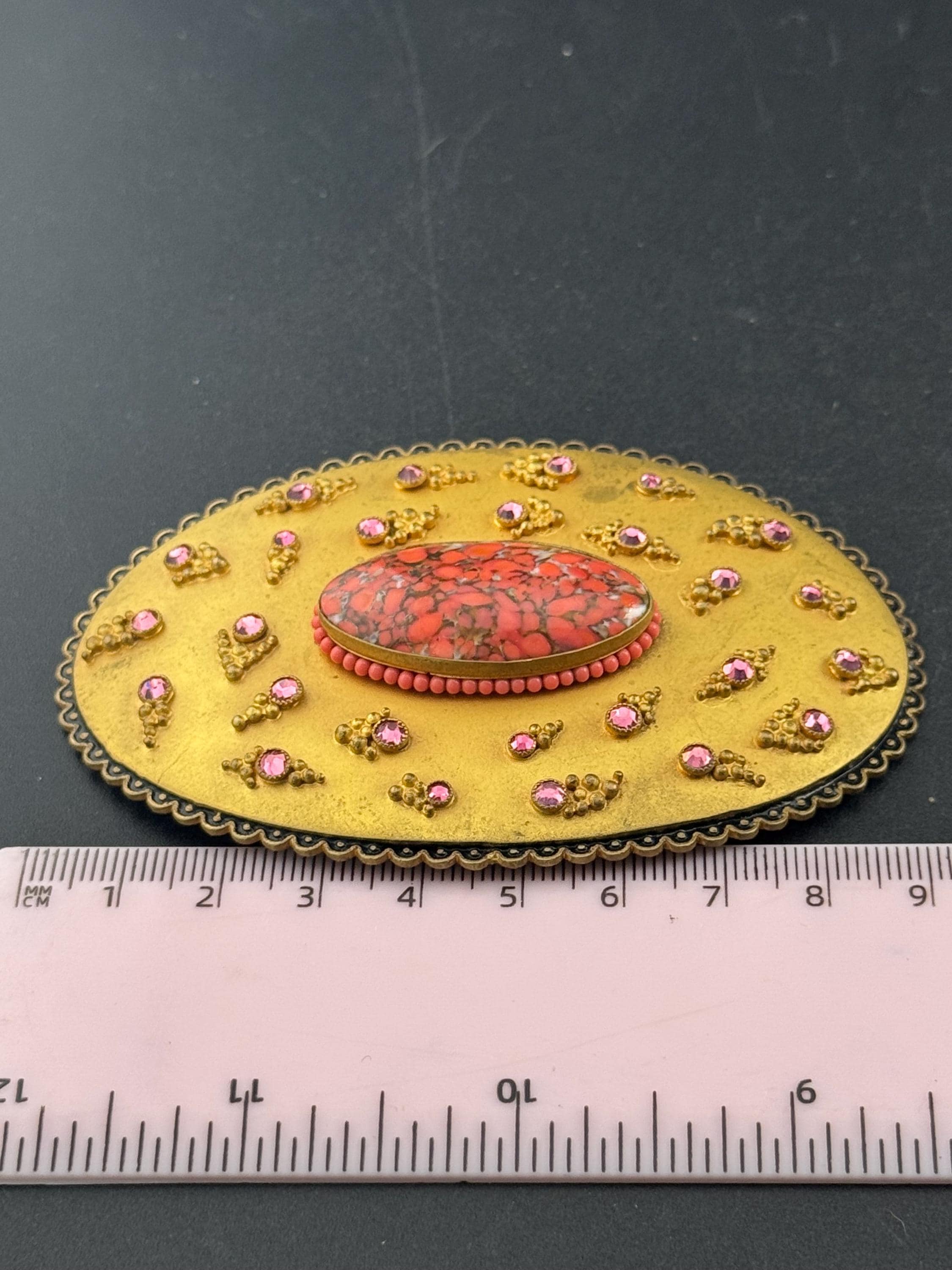 Oversized XL Antique Czech gold Gilt Ormolu pink rhinestone red cabochon oval metal Belt Buckle Georgian Victorian